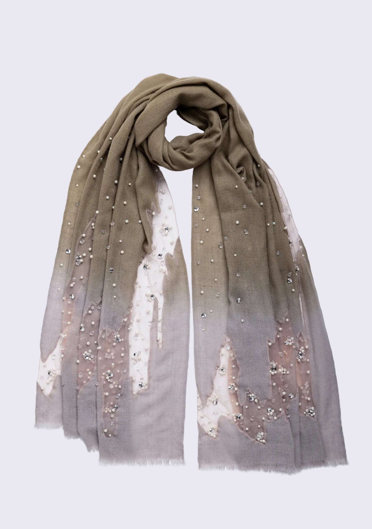 Mousse-Khaki Cashmere Scarf Silver Rhinestones & White Pearls