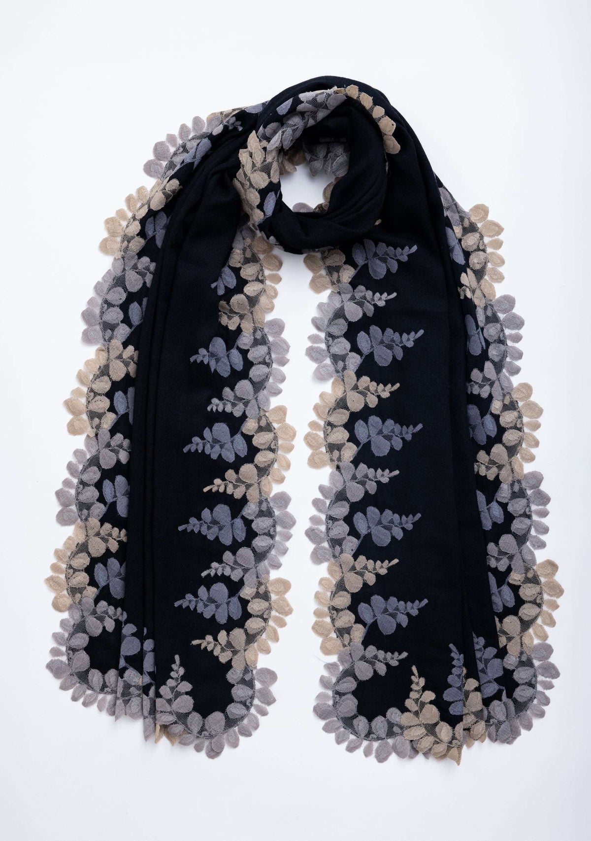 Black Wool & Silk Scarf Mousse, Dk. Gray & Natural Lace