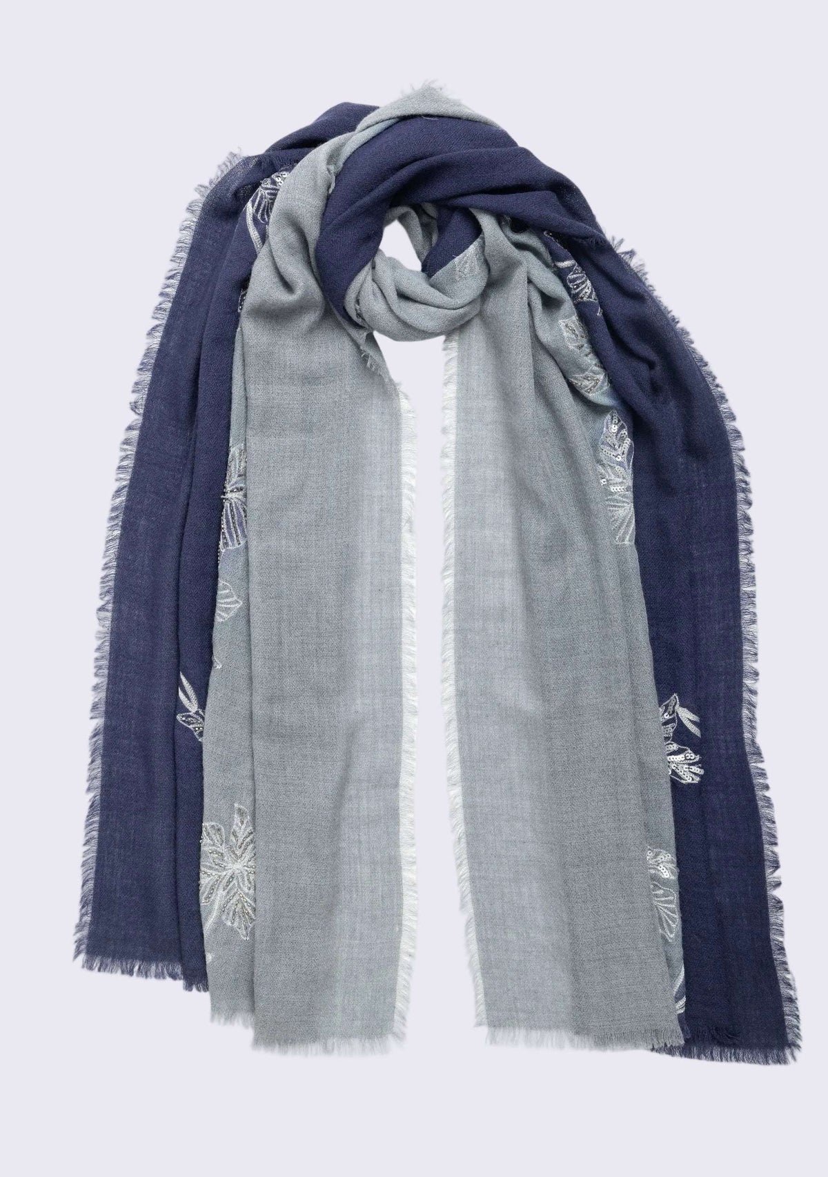 Navy Blue & Steel Gray Cashmere Scarf Silver Sequin & Metalic Embroidery
