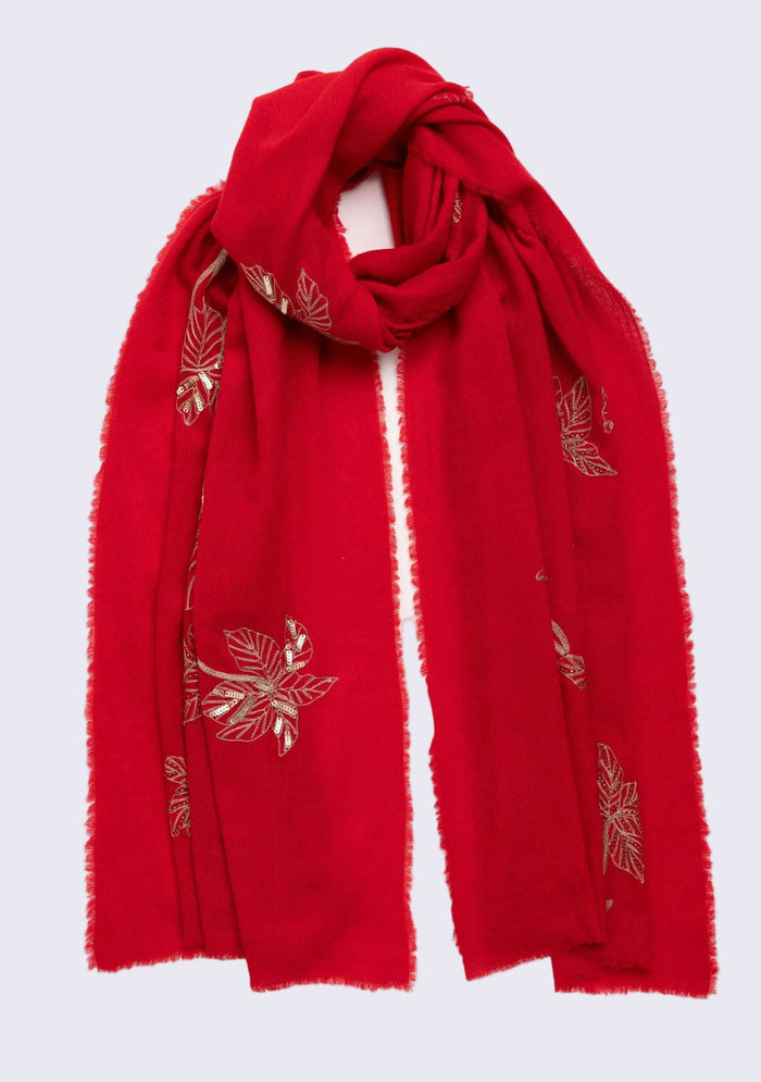 Bright Red Cashmere Scarf Dull Gold Sequin & Metallic Embroidery