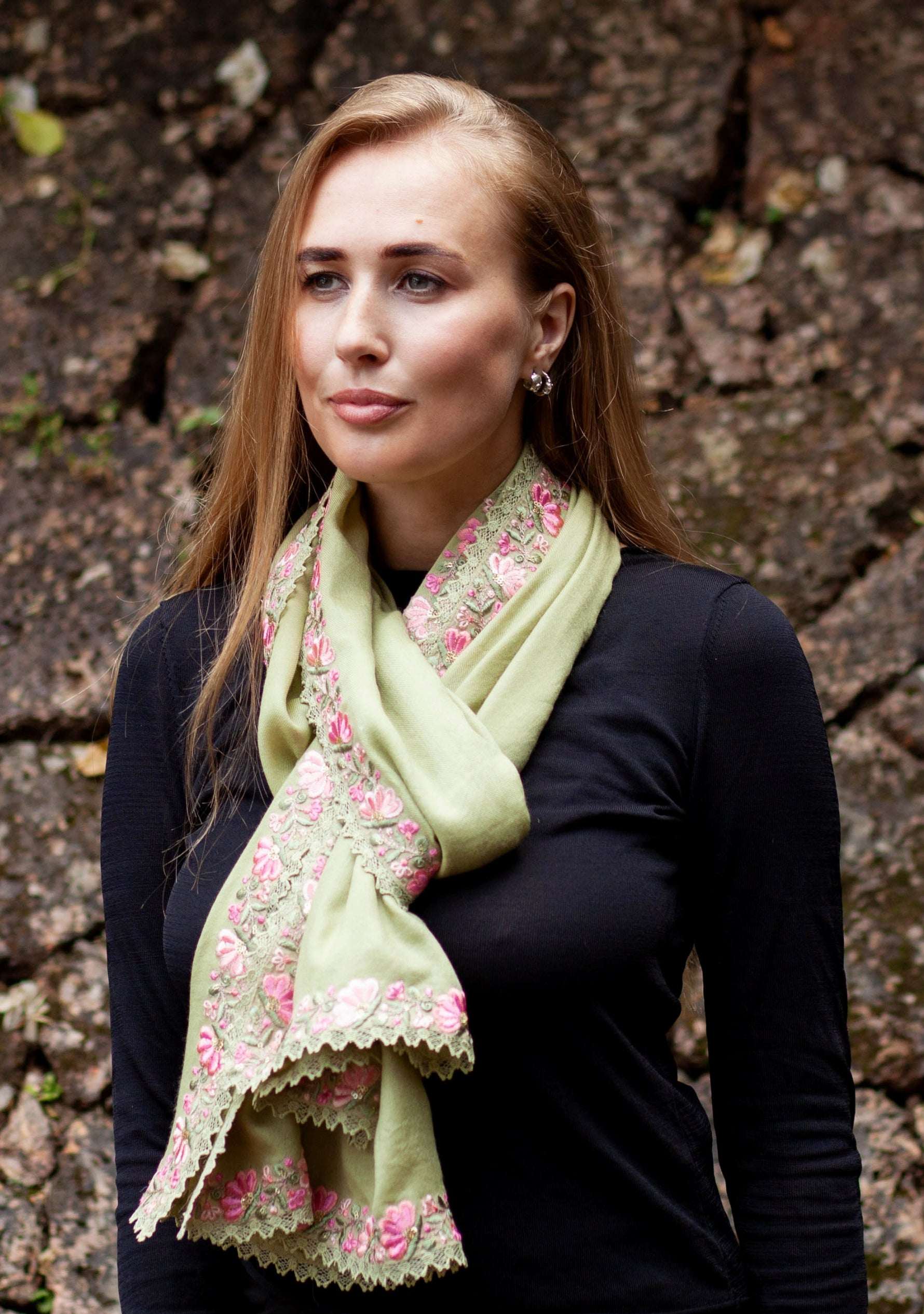 Fern Green Wool & Silk Scarf 
Multi-colored Embroidery & Fern Green Lace