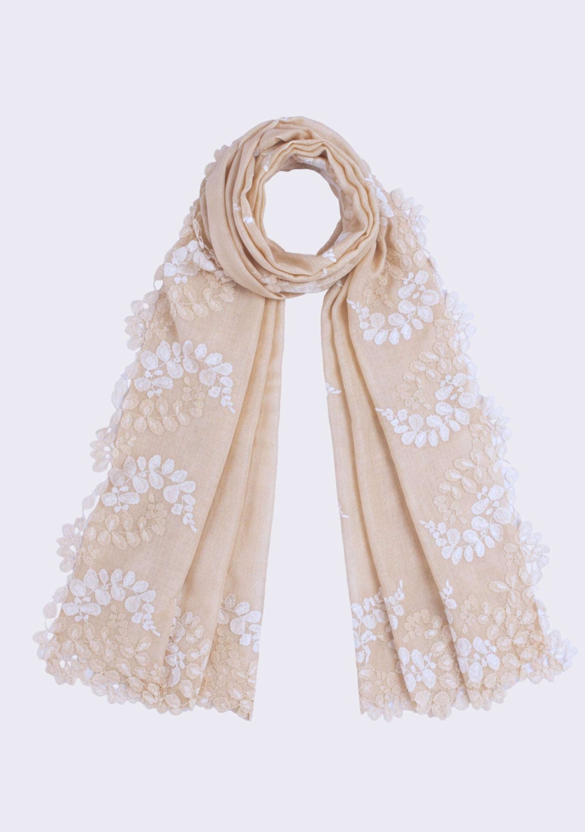 Beige Silk & Wool Scarf Beige & Ivory Lace
