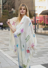 Ivory Cashmere Scarf with Hand-Painted Prime Design and an Ivory Lace Border