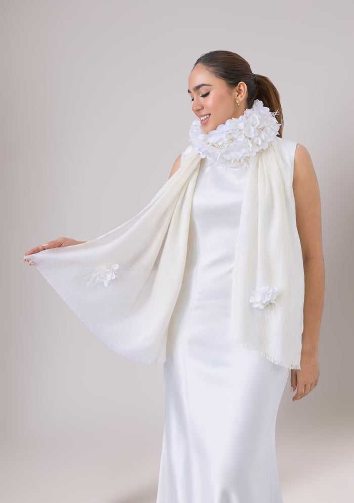 Ivory Cashmere ScarfIvory Feather & Satin Applique
