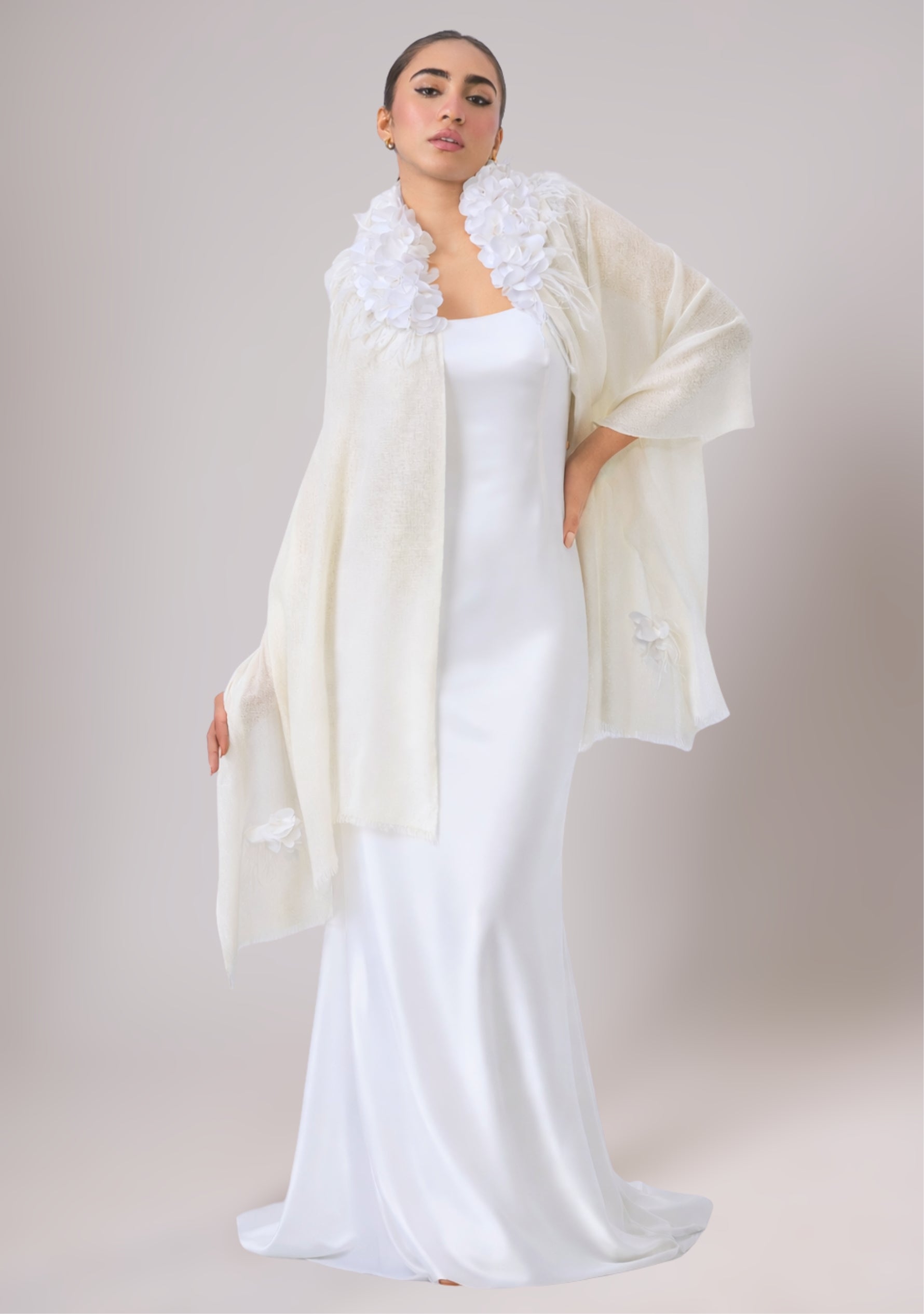 Ivory Cashmere ScarfIvory Feather & Satin Applique