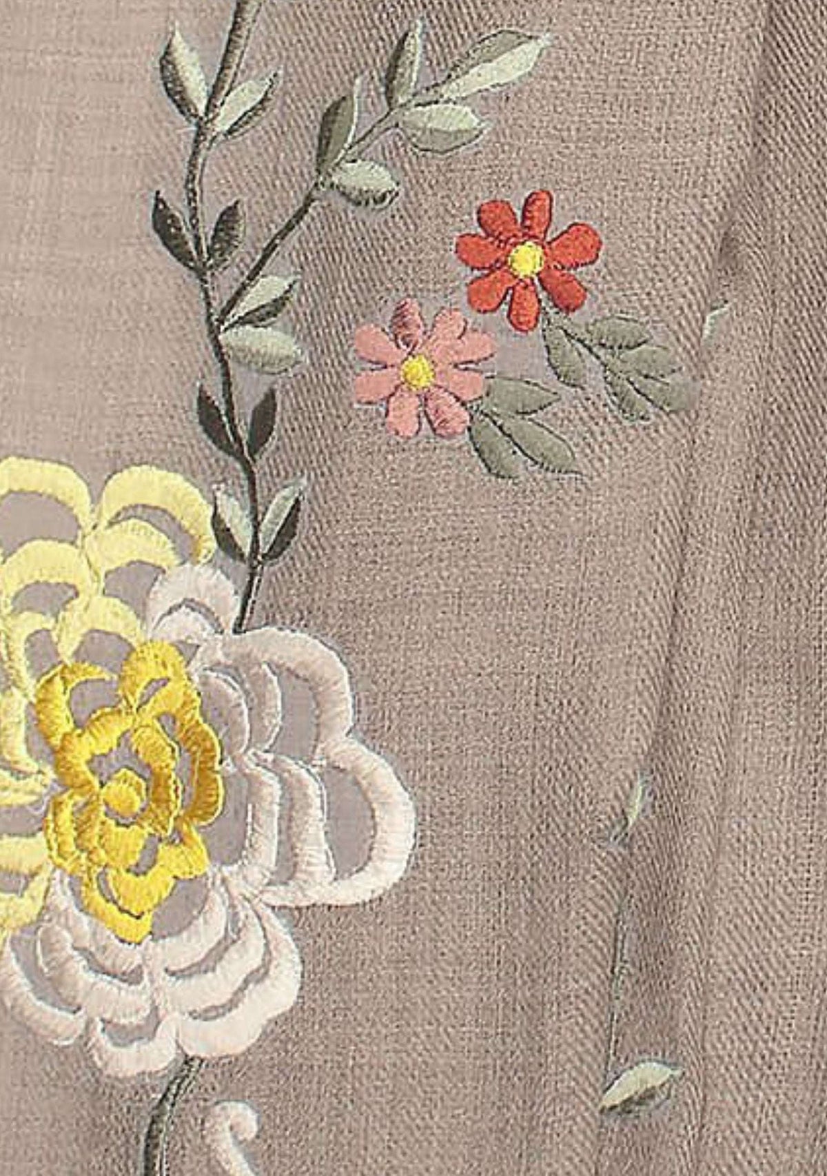 Natural Melange Wool & Silk Scarf Multi-colored Embroidery