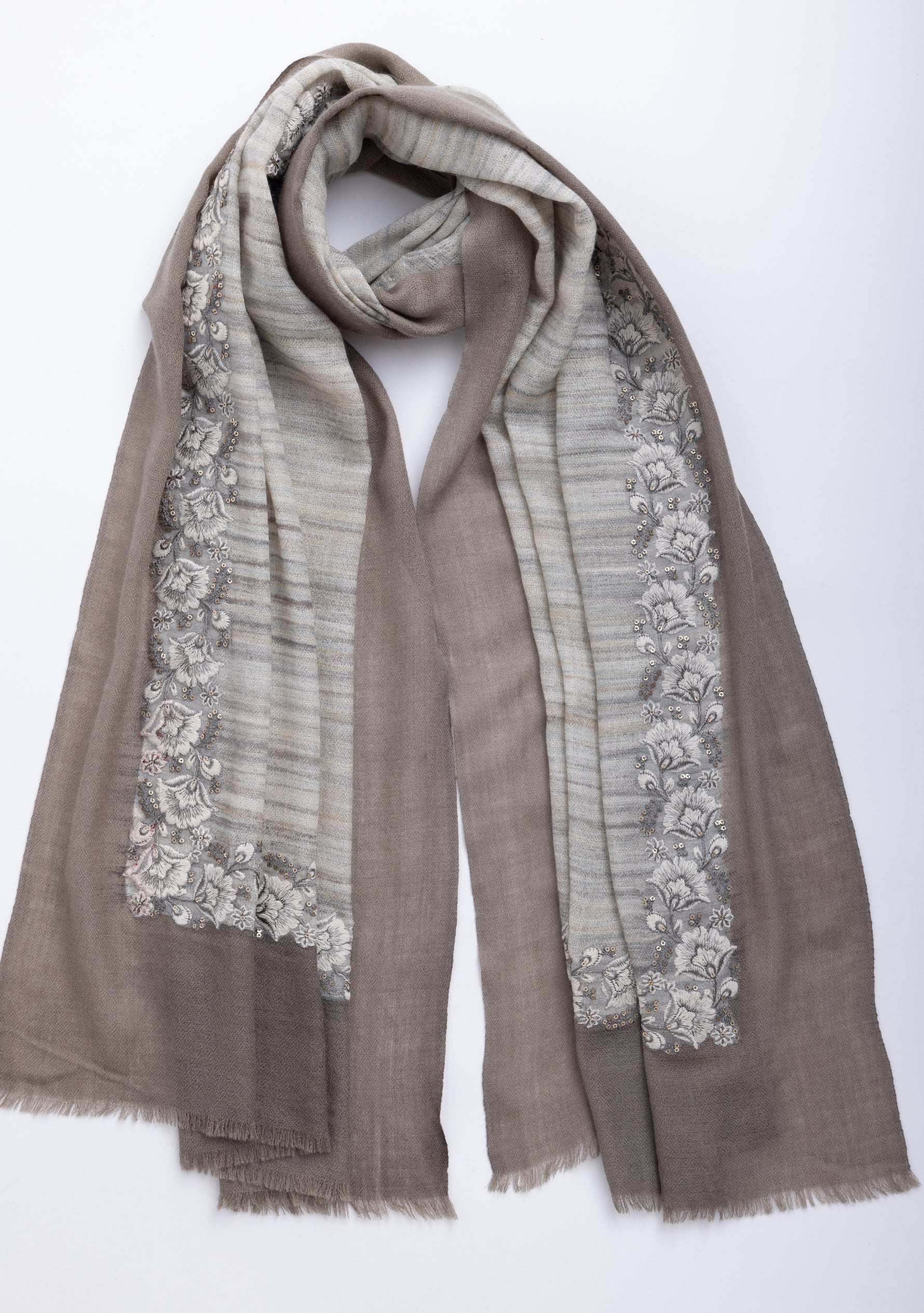 Multi-Striped Wool and Silk Scarf with an Ivory-Grey Embroidery and Grey Frame Border