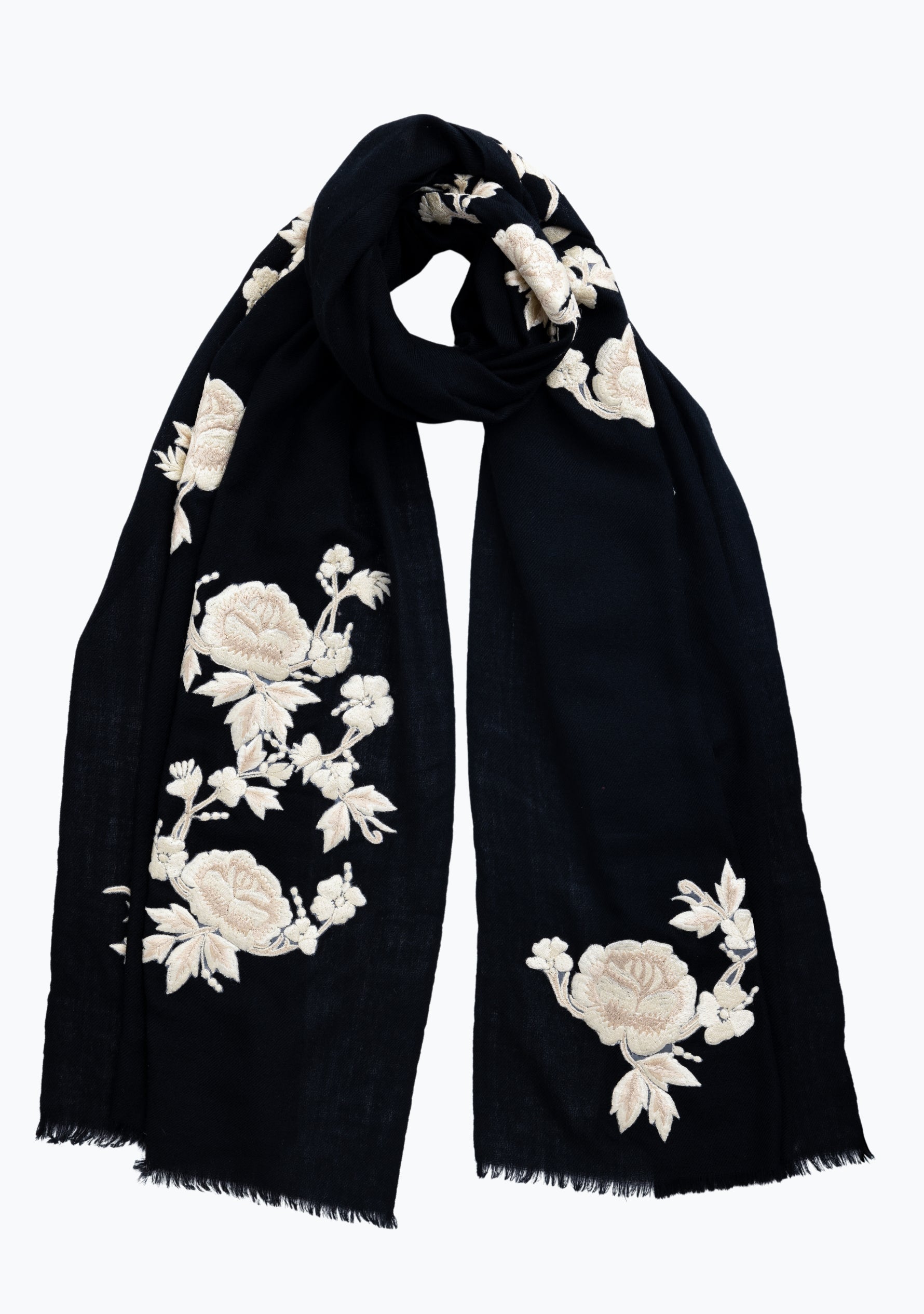 Black Cashmere Scarf with Ivory Beige Floral Embroidery