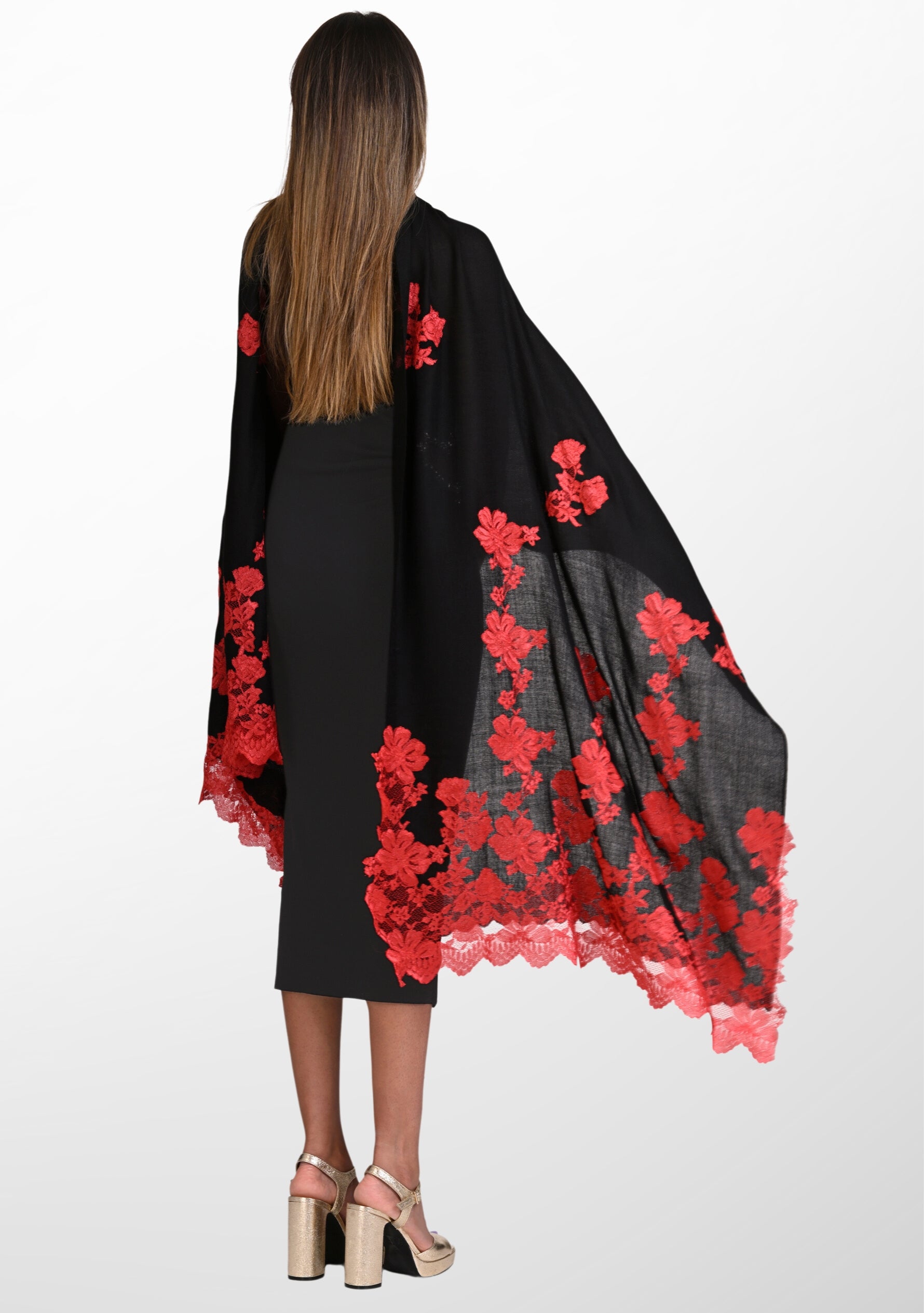 Black Cashmere Scarf with Red Chantilly Lace