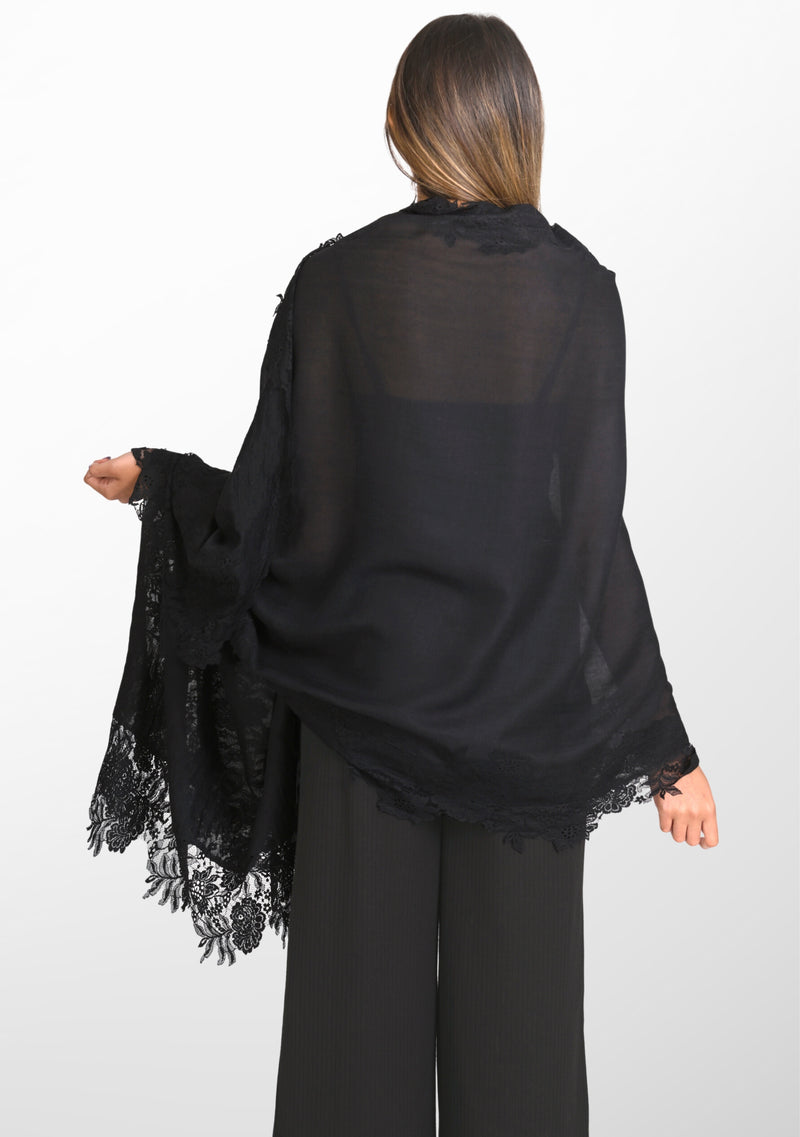 Black Silk And Wool Scarf with a Black 
 Floral Lace Border