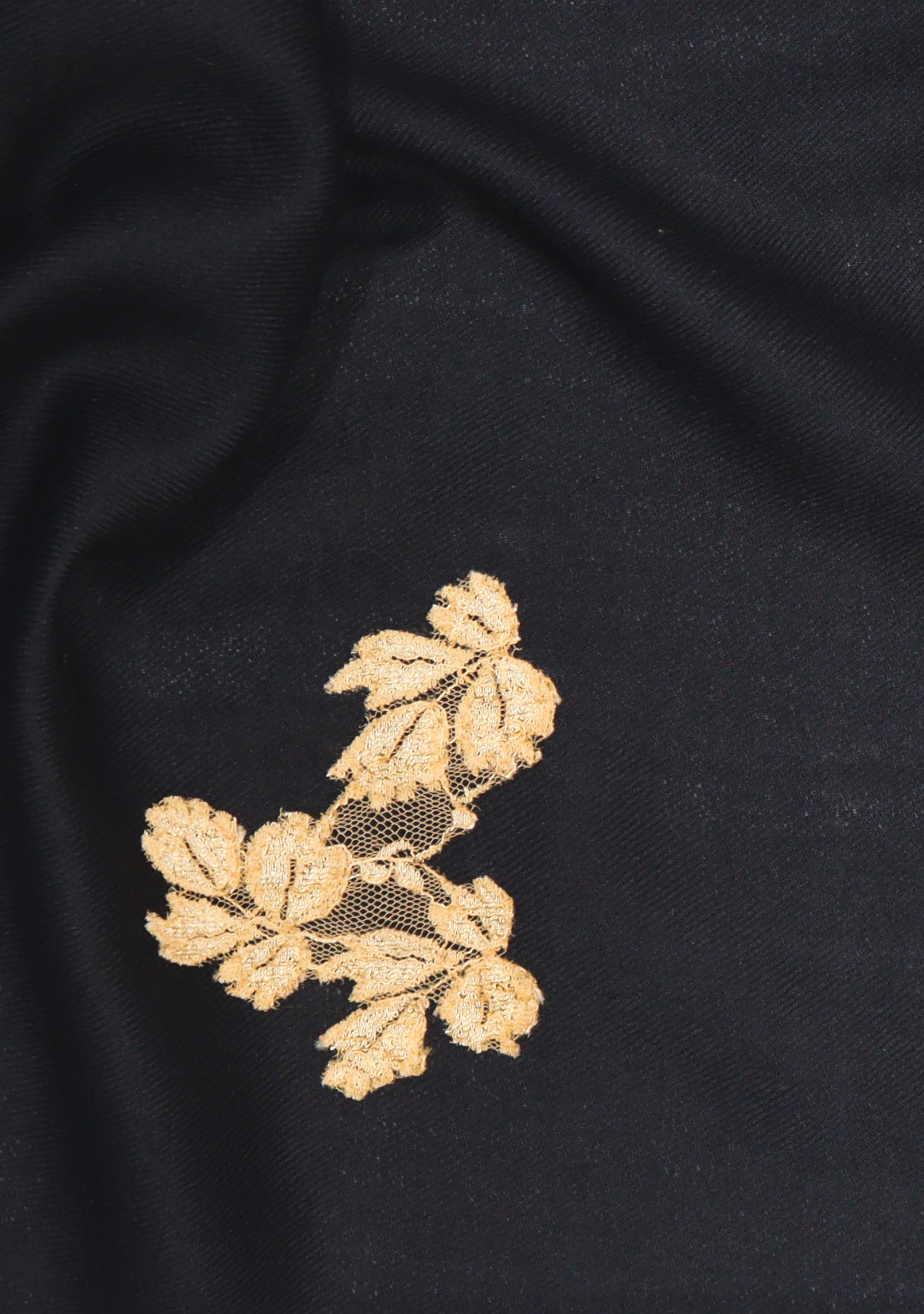 Black Wool Scarf with Gold Leaf Lace Appliques