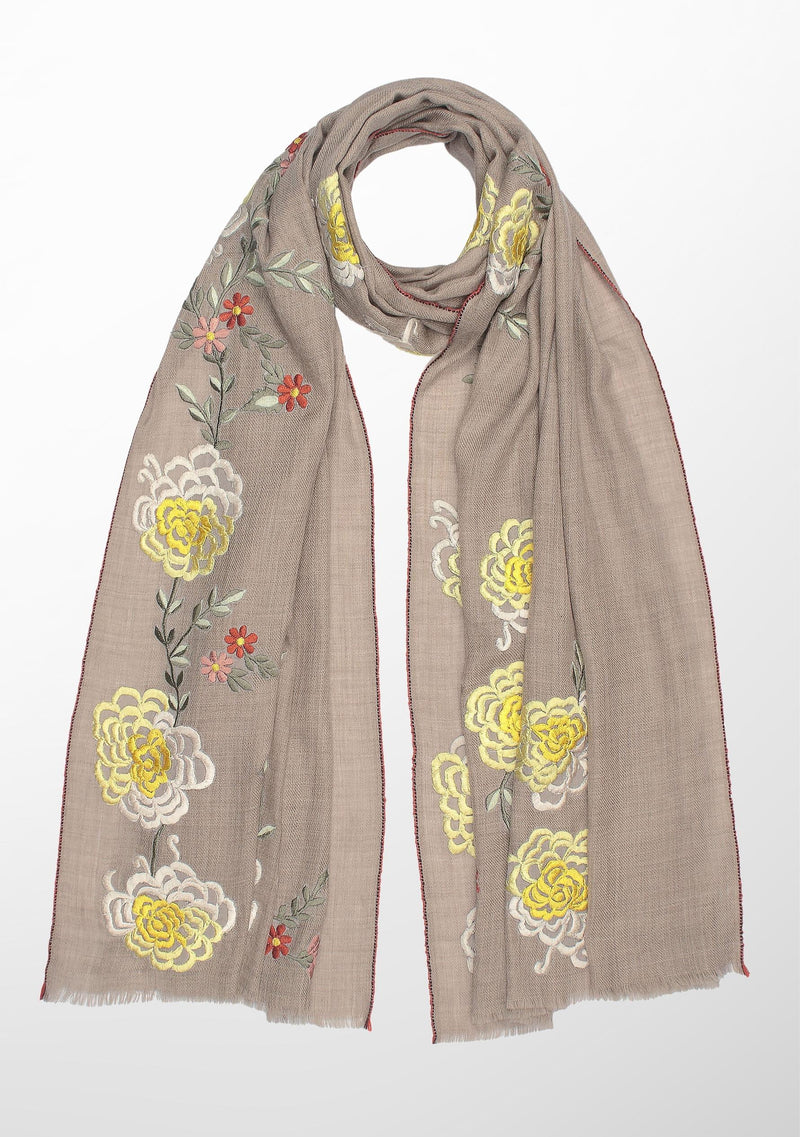 Natural Melange Wool and Silk Scarf with Multicolor Embroidery