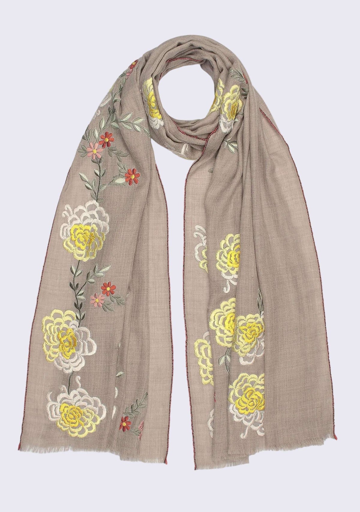 Natural Melange Wool & Silk Scarf Multi-colored Embroidery
