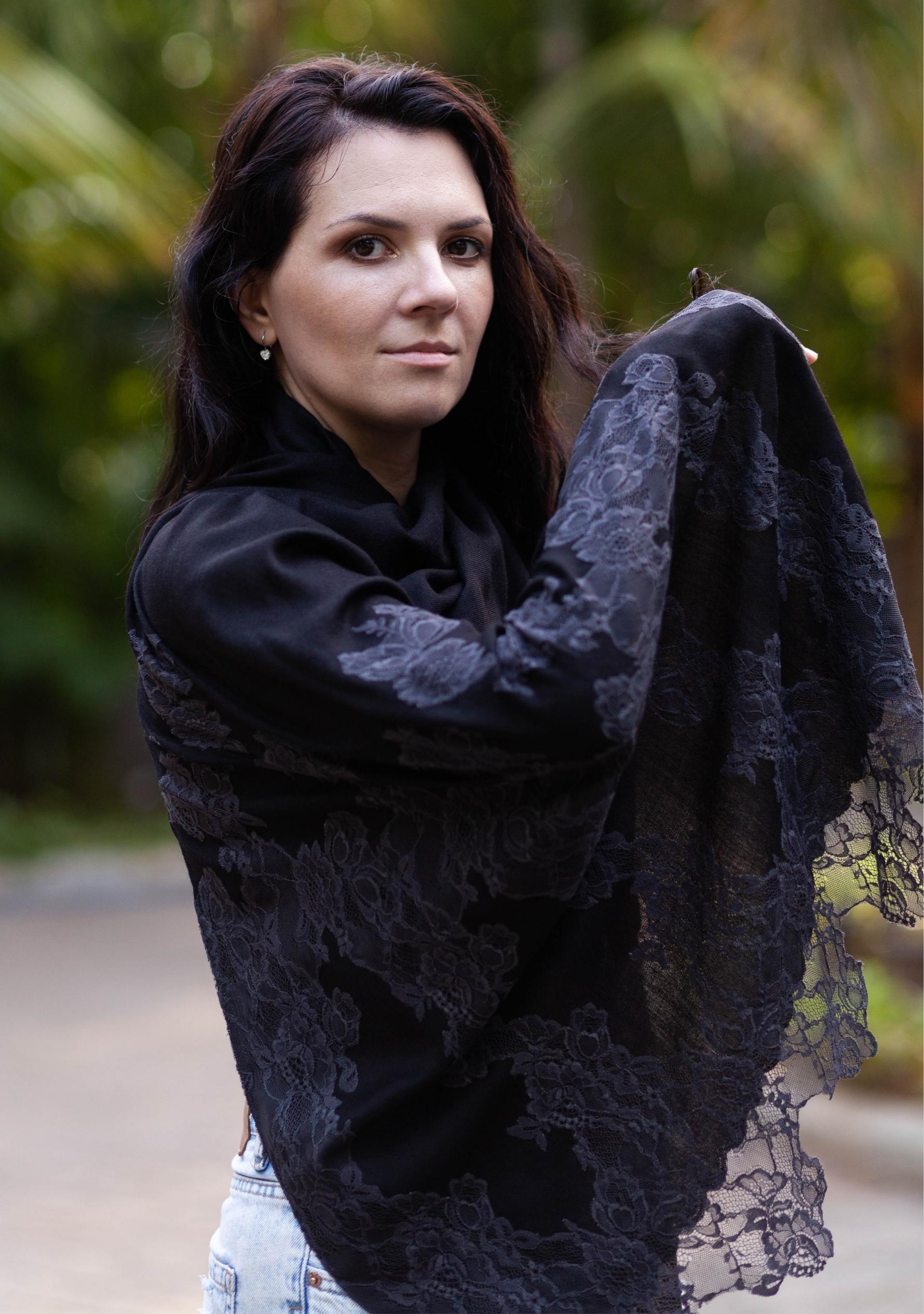 Black Wool and Silk Scarf with Charcoal Floral Lace