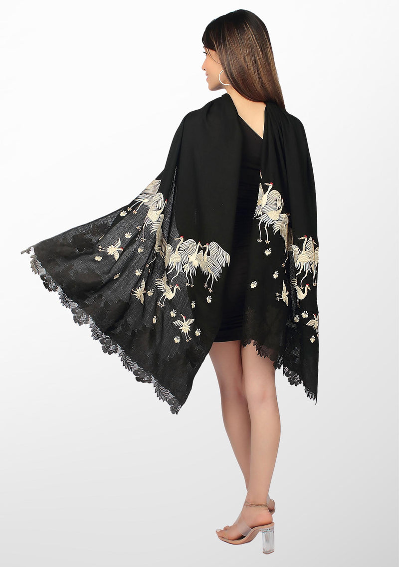 Black Cashmere Scarf with Beige Embroidery and Black Chantilly Lace Pallas