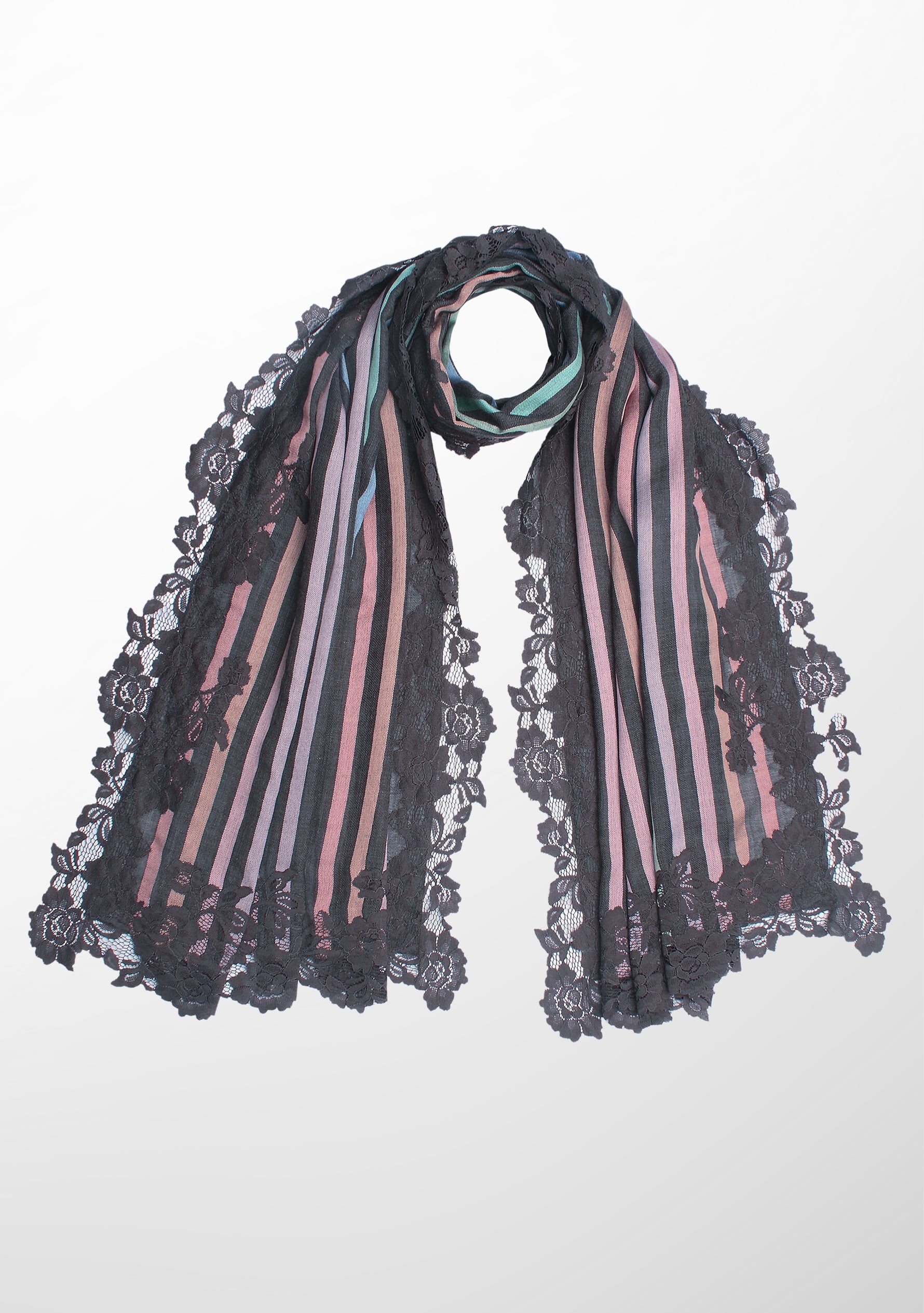 Charcoal Pastel Wool and Silk Multi-Pastel Striped Scarf with Charcoal Floral Lace Border