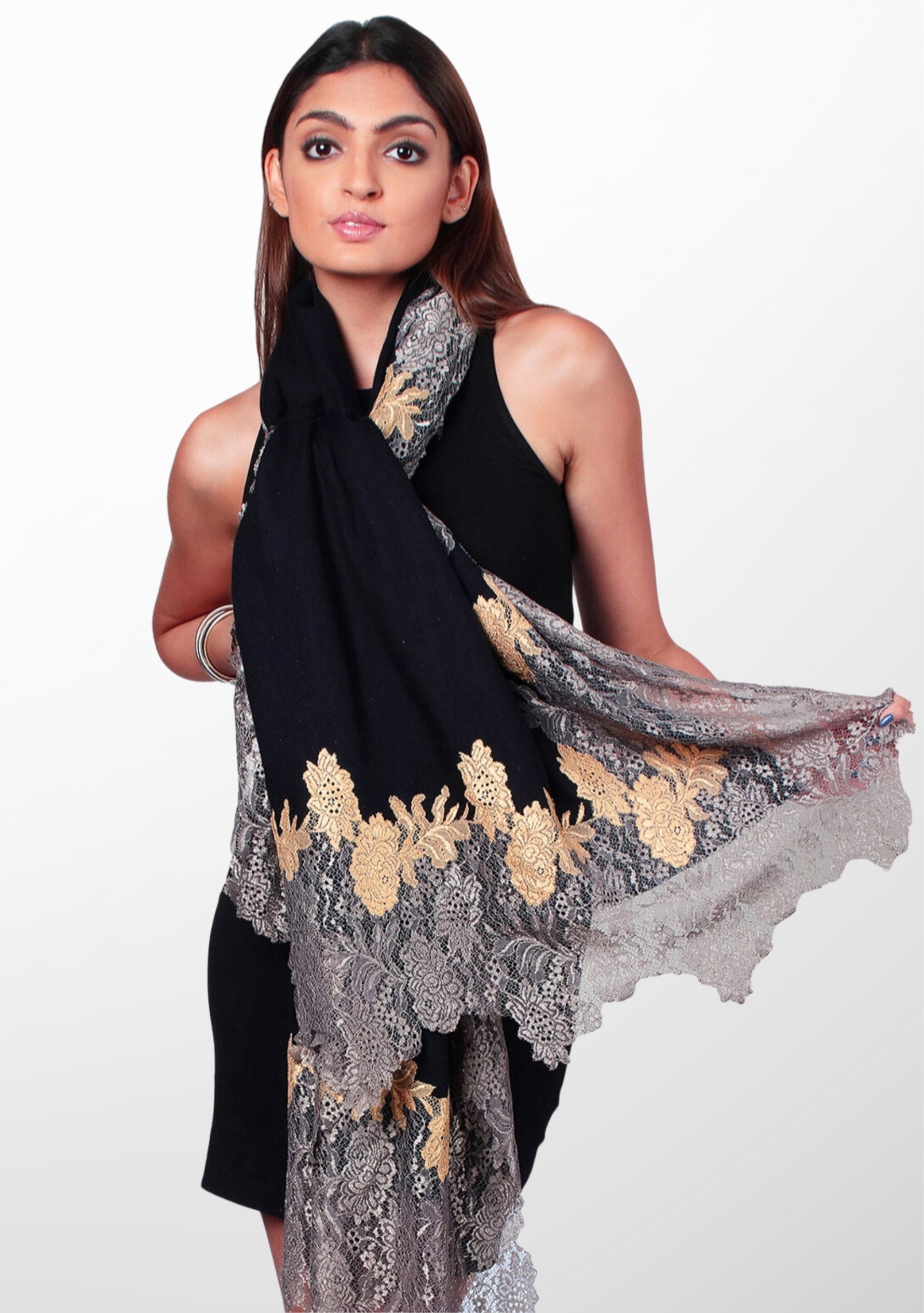 Black Wool and Silk Scarf with Antique Silver and Dk. Gold Double-Color Floral Lace Border