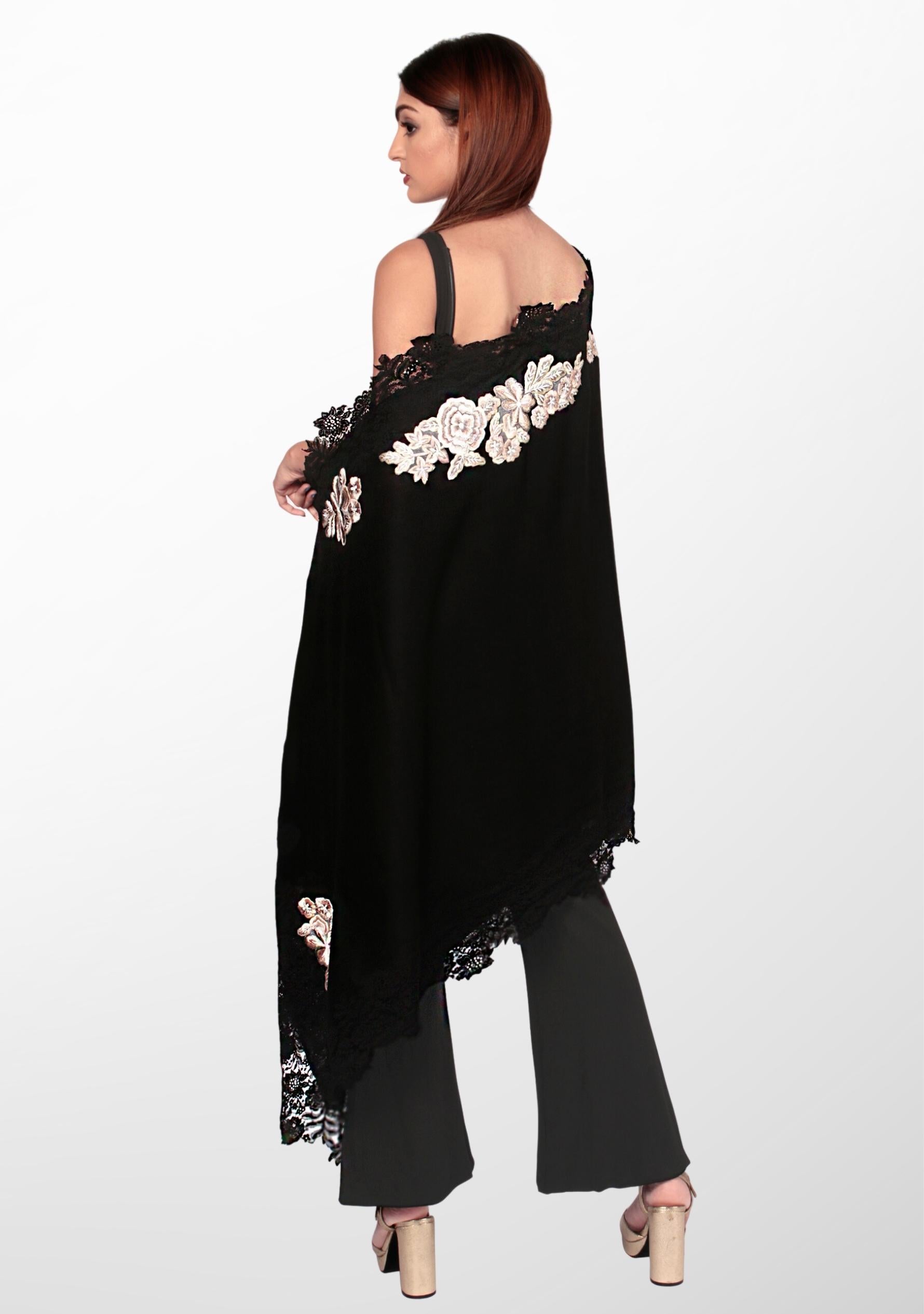 Black Wool and Silk Scarf with a Black 
Floral Lace Border and Beige-Colored Embroidery.