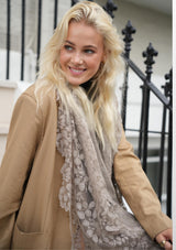 Natural Melange Wool Scarf with a Natural Bold Leaf Lace