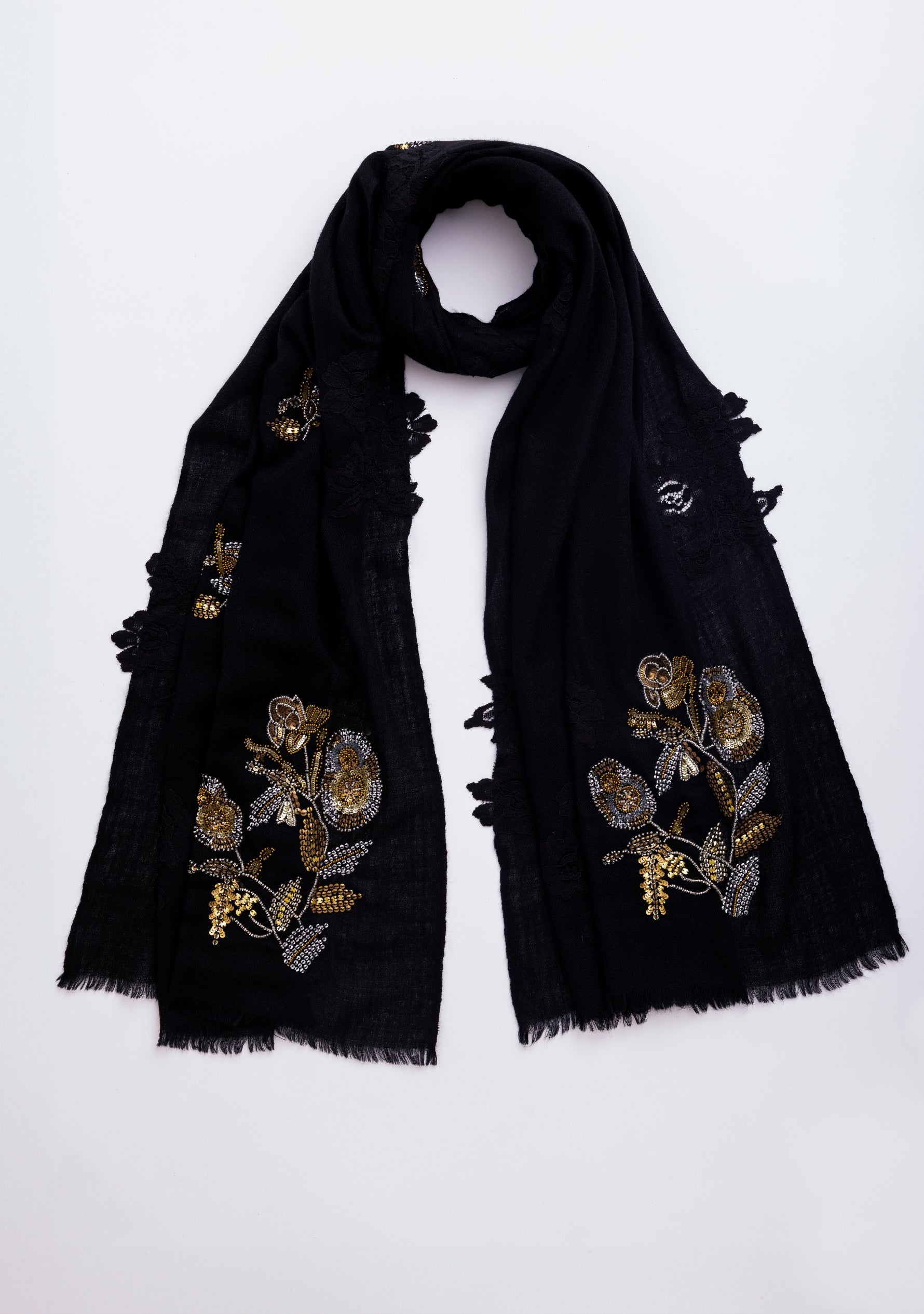 Black Cashmere Scarf with Metalic Hand-Embroidery and Black Floral Lace Appliques