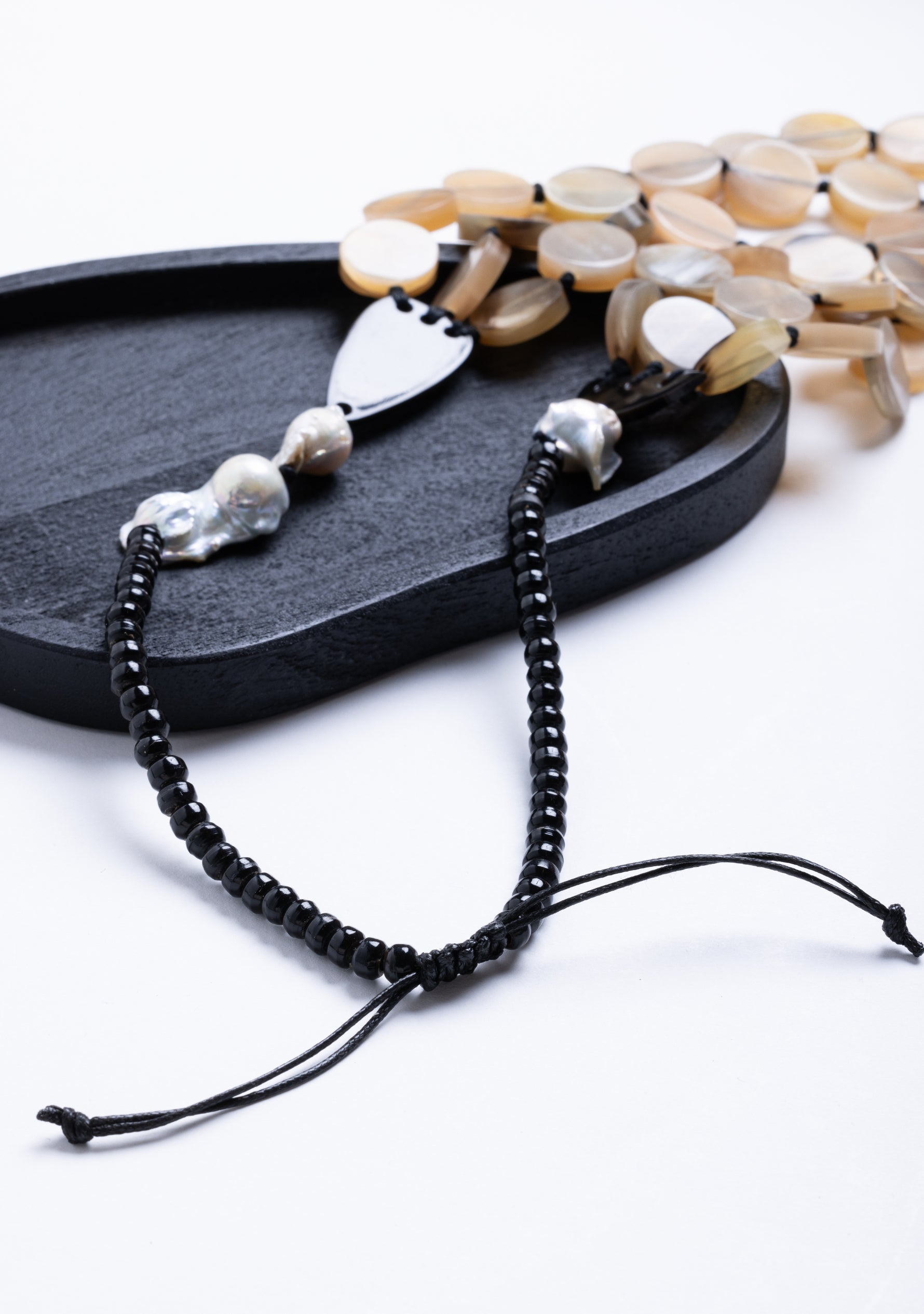 3-Layer Natural Buffalo Horn Disk Necklace with Black Buffalo Horn Beads and White Baroque Pearls