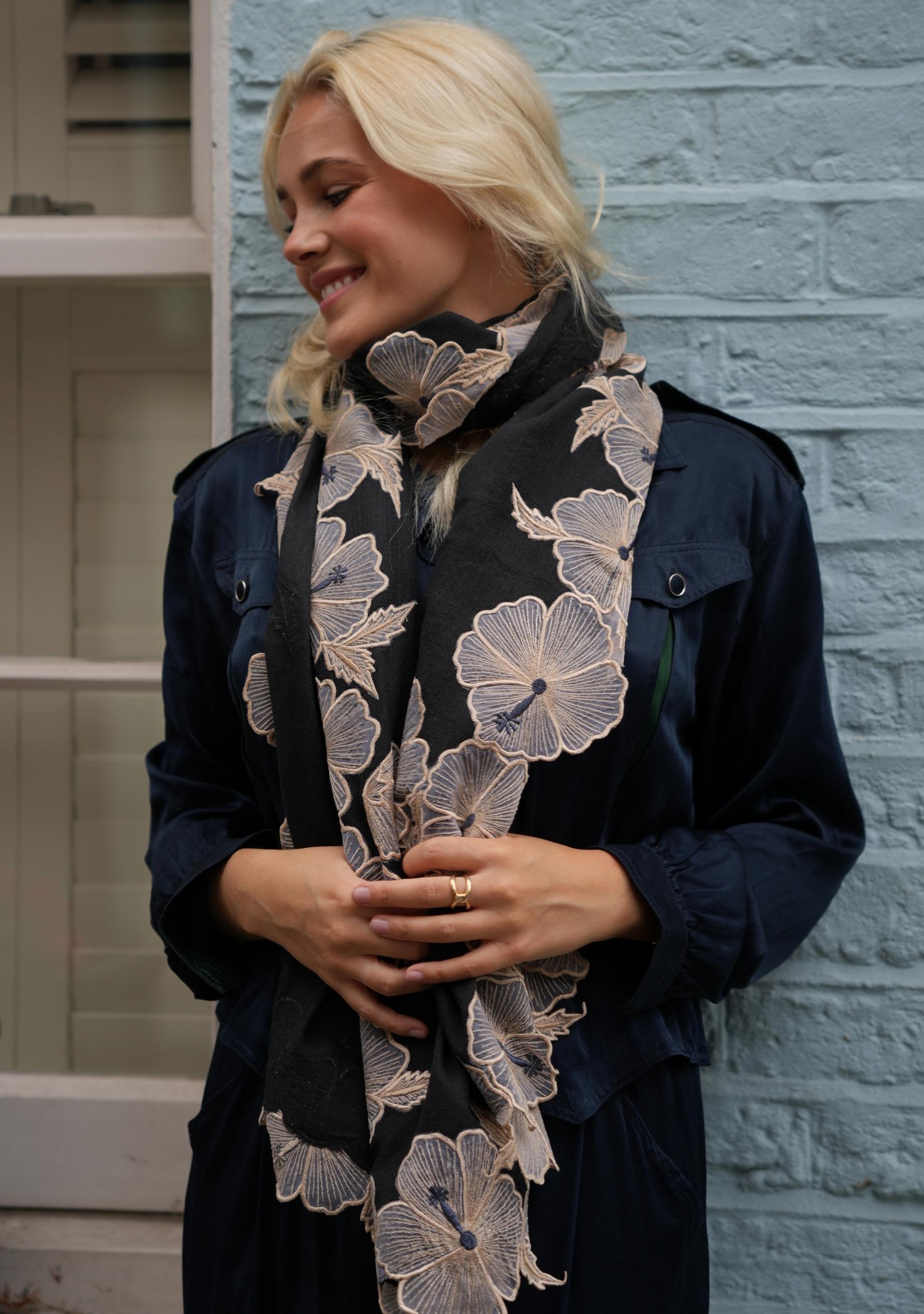 Charcoal Cashmere Scarf with Beige Hibiscus Floral Embroidery Border