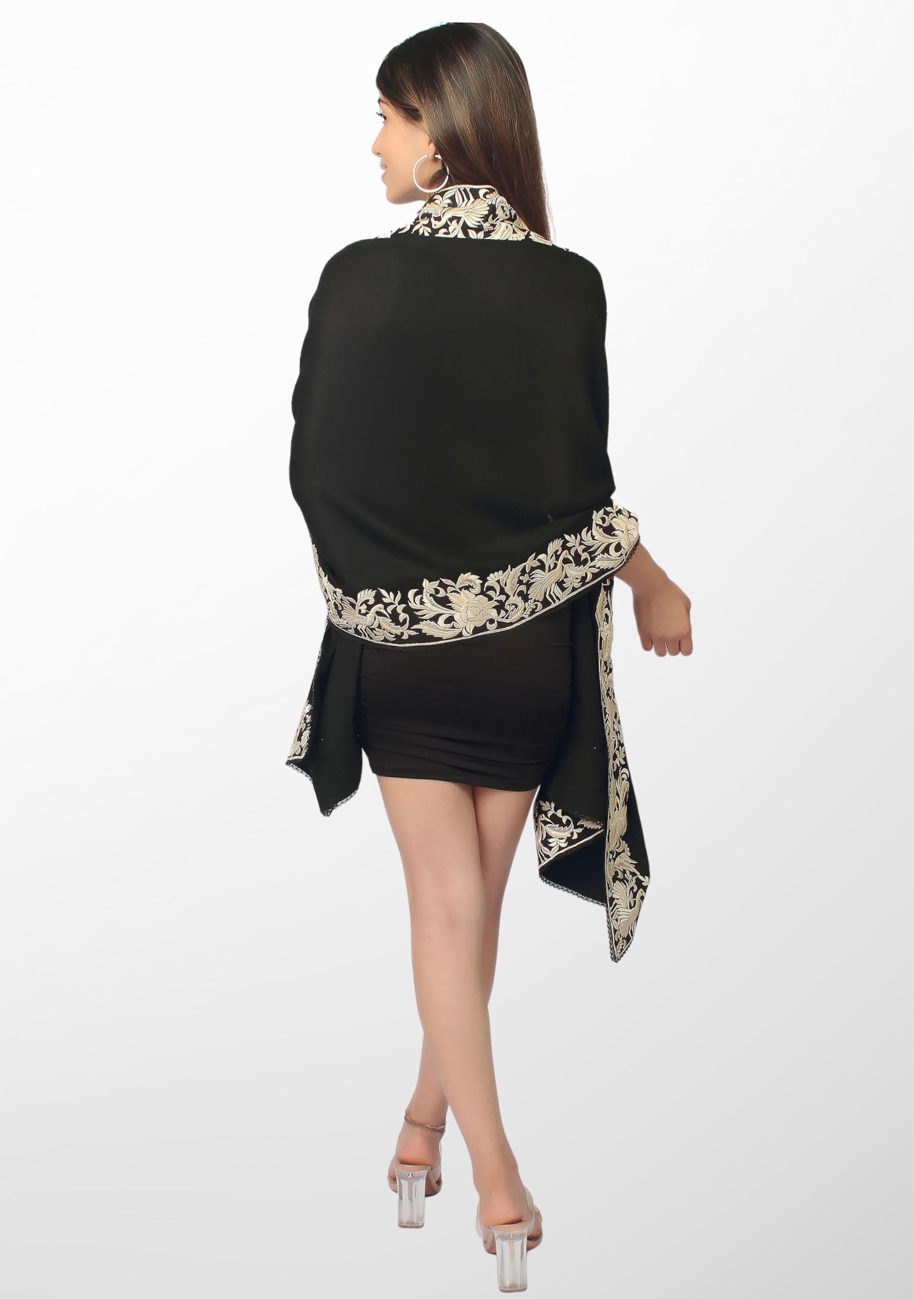 Black Cashmere Scarf with a Beige Border Embroidery and Black Lace Edging