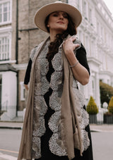 Taupe Cashmere Scarf with Ivory Pearl Embroidered Borders