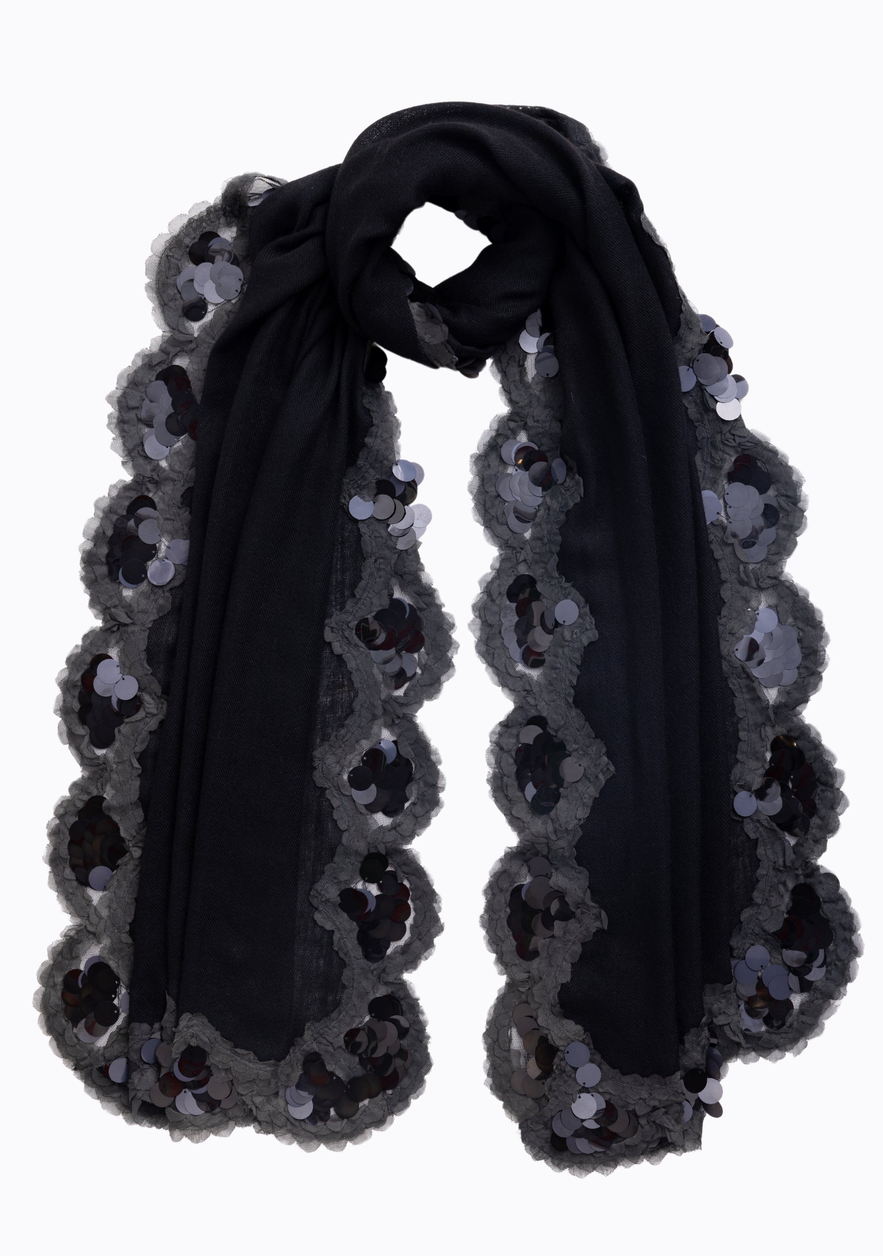 Black Cashmere Scarf with Black Scalloped Sequin and Frill Border