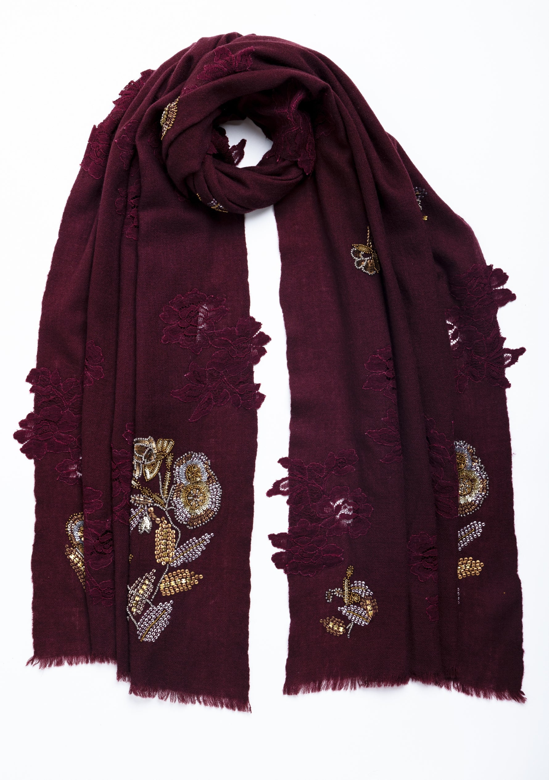 Plum Cashmere Scarf with Metalic Hand-Embroidery and Plum Floral Lace Appliques