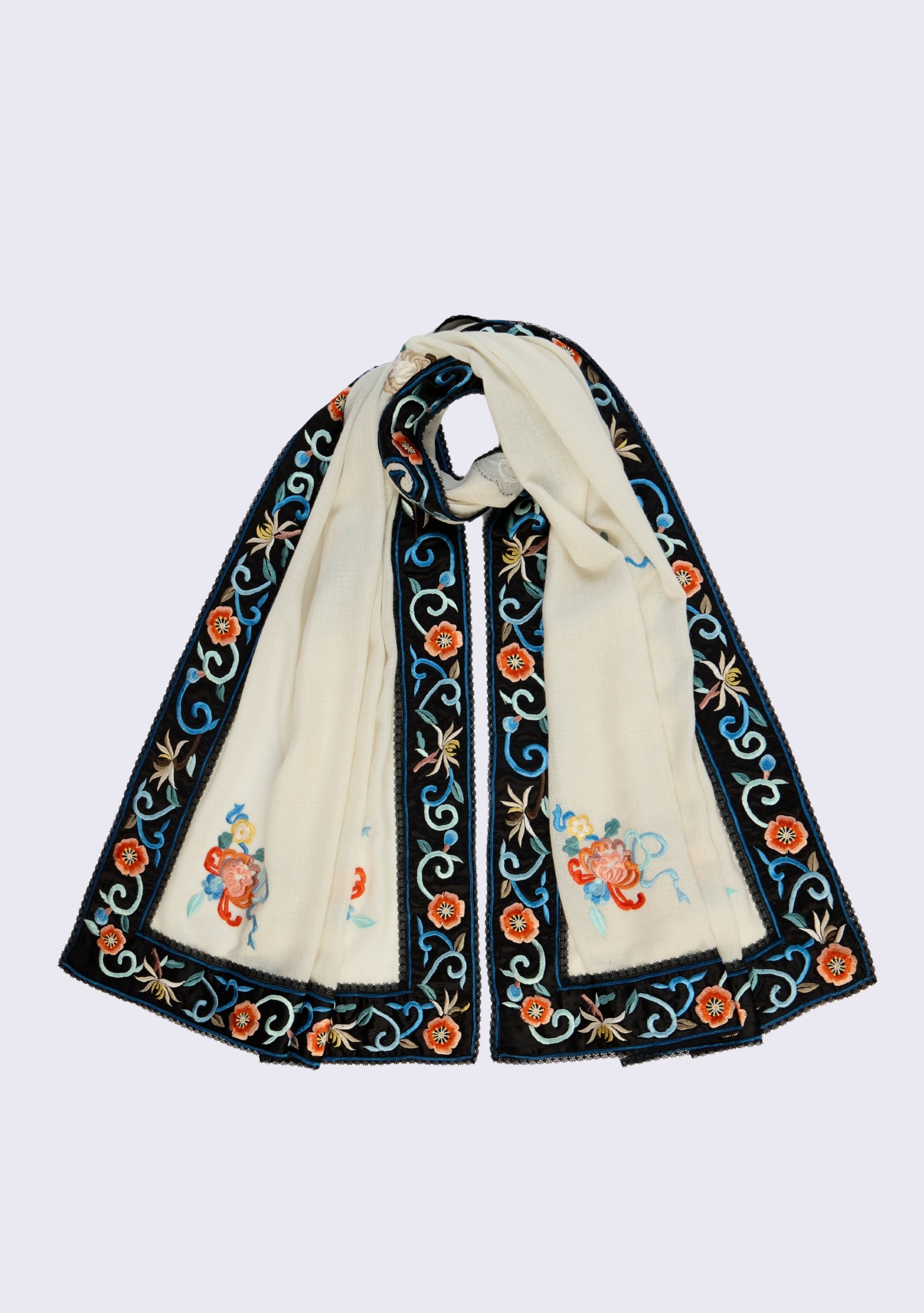 Ivory Cashmere Scarf  Black Multi-colored Embroidery & Black Lace