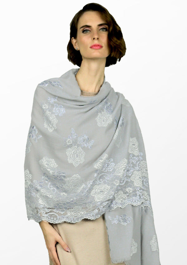 Silver-Grey Cashmere Scarf with Dual Grey Color Chantilly Lace