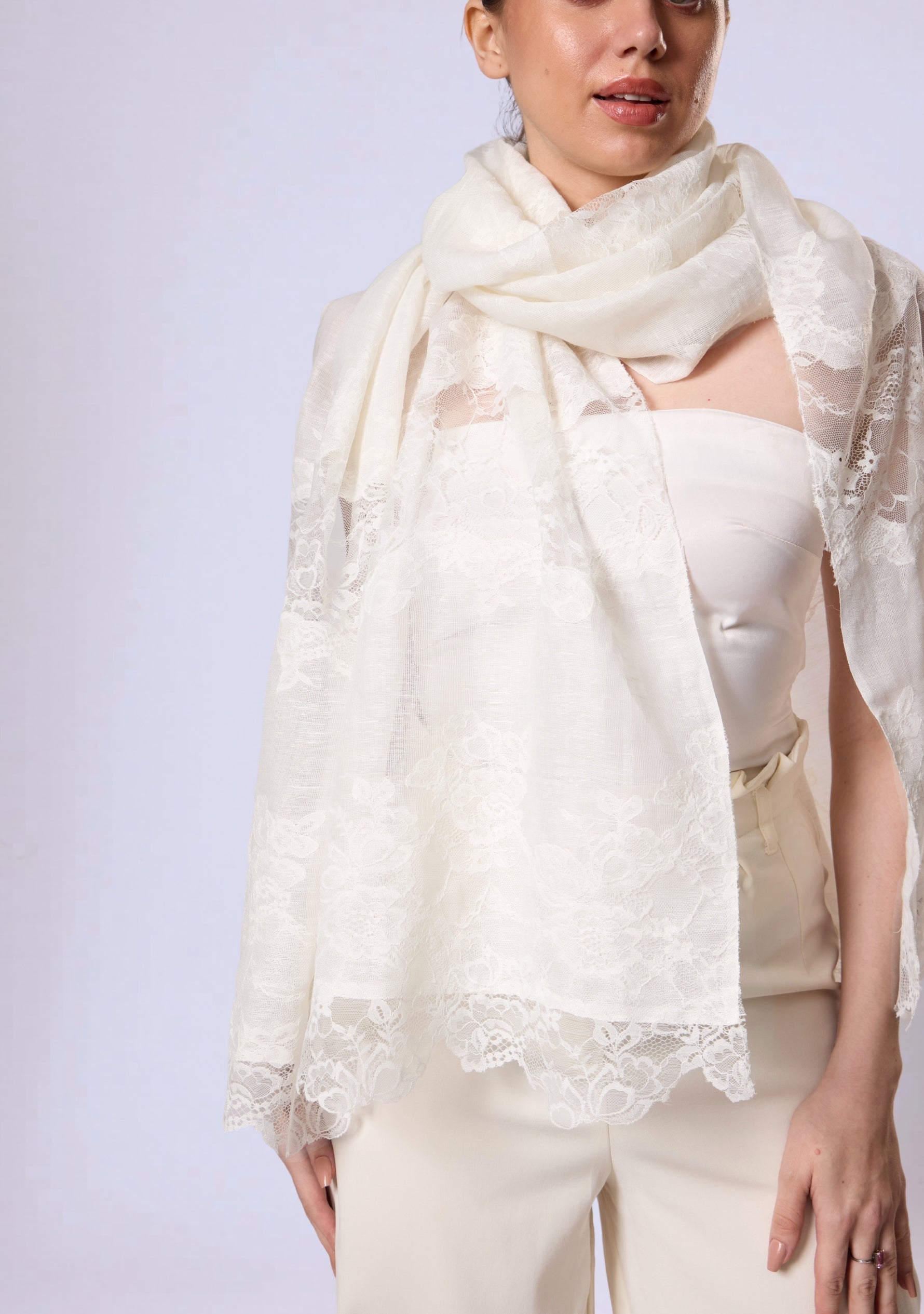 Ivory Linen & Modal Scarf Ivory Lace Panels