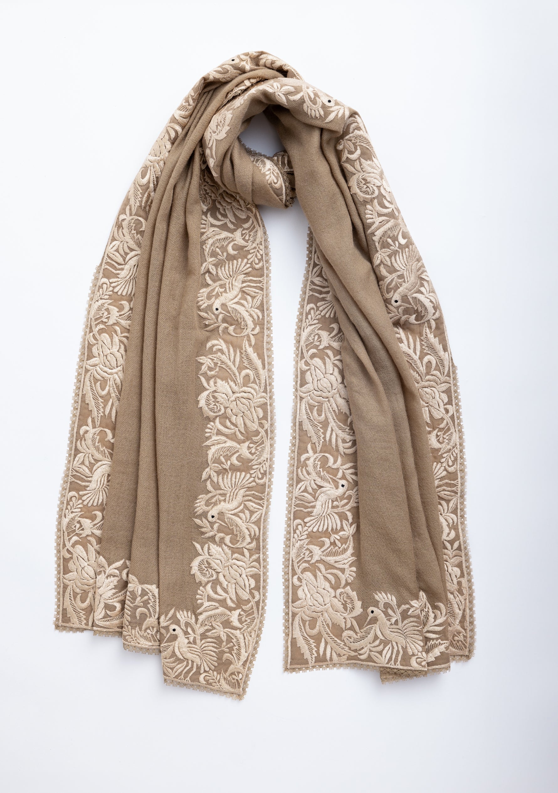 Natural Cashmere Scarf with a Beige Border Embroidery and Natural Lace Edging