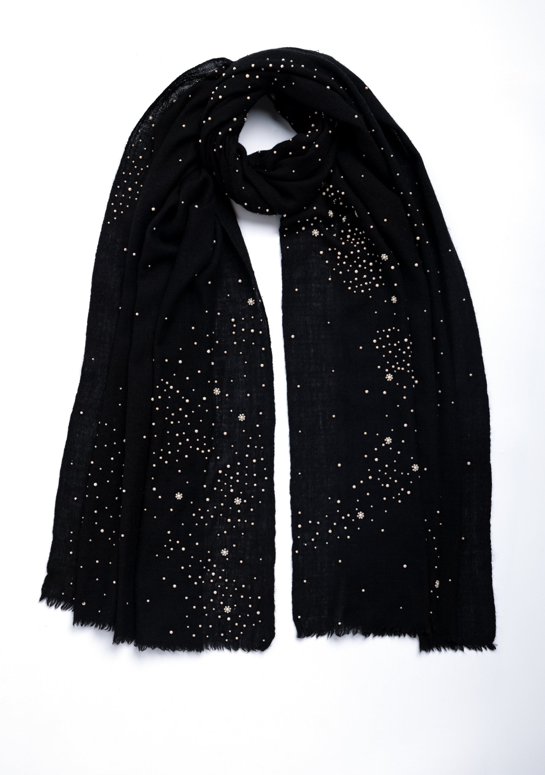 Black Cashmere Scarf with Ivory Pearls