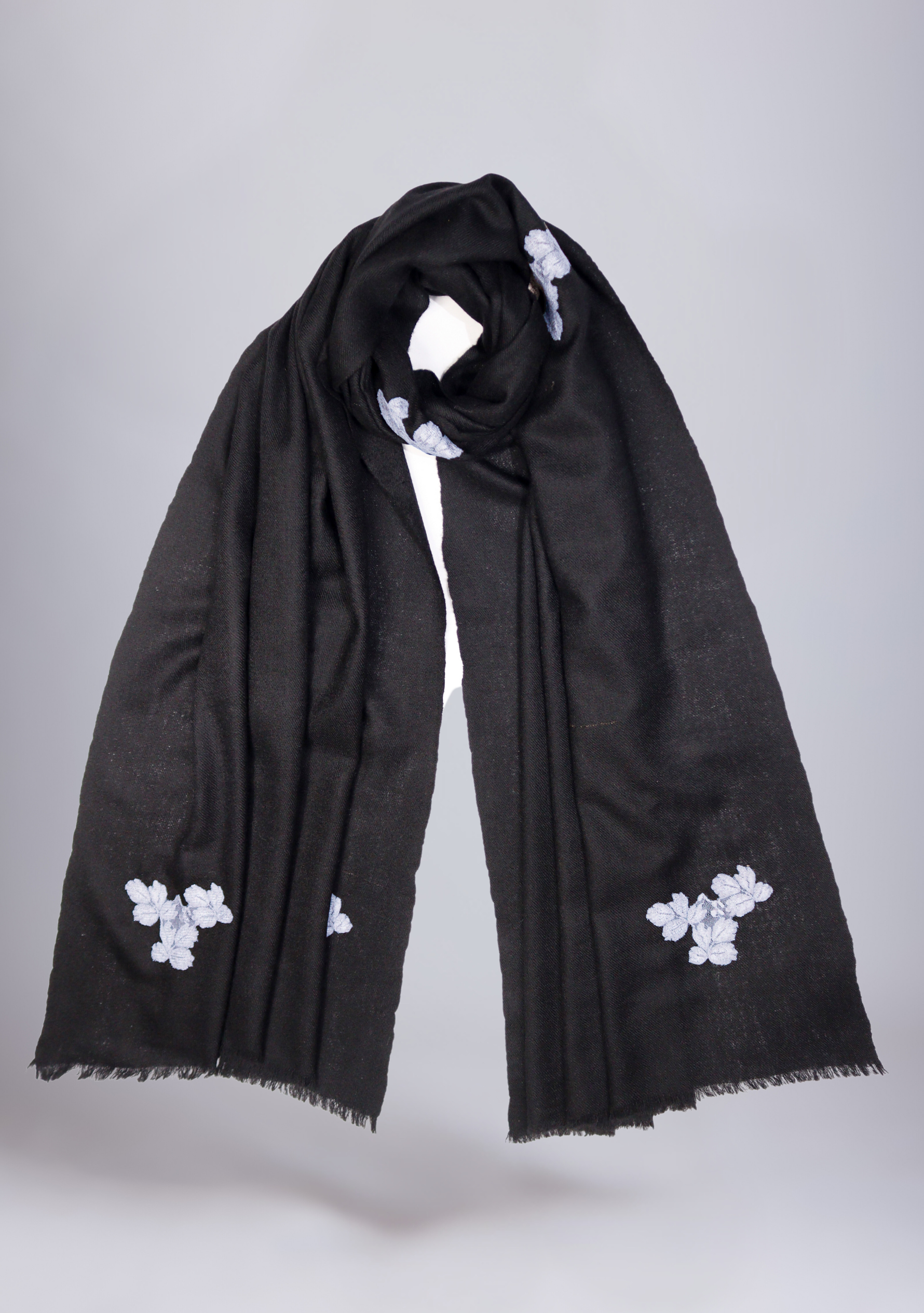 Black Wool Scarf with Antique Silver Leaf Lace Appliques