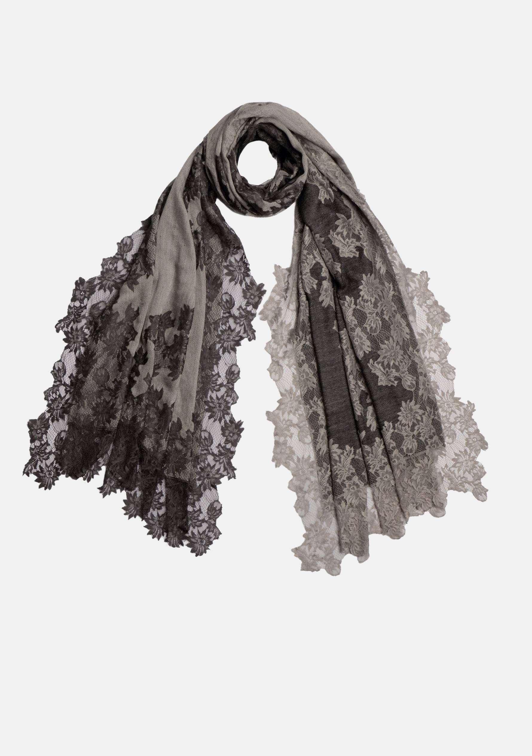 Dual Color Black and Taupe Reversible Wool and Silk Scarf with Dual Color Black and Taupe Floral Lace Application and Border