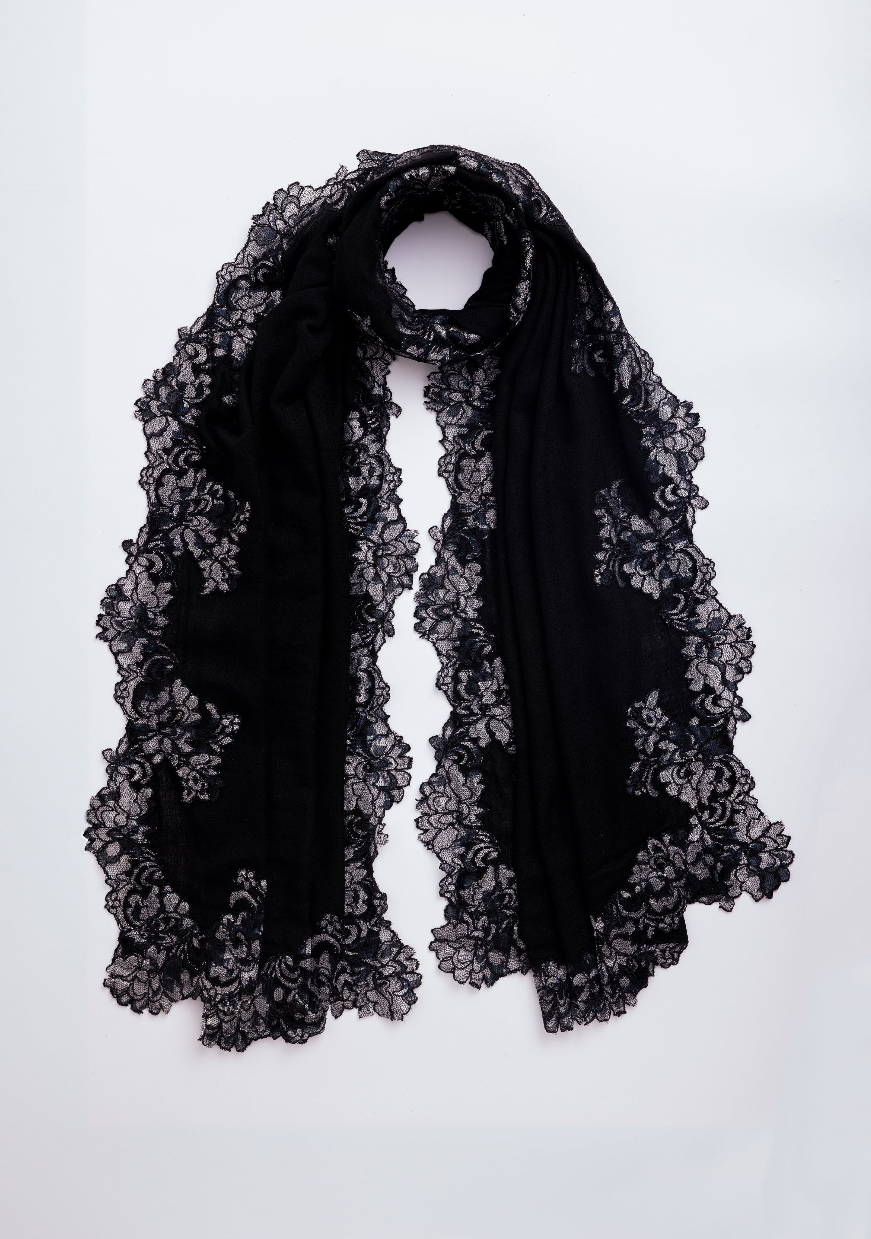 Black Cashmere Scarf with a Dual Shade Black and Silver Floral Chantilly Lace Border