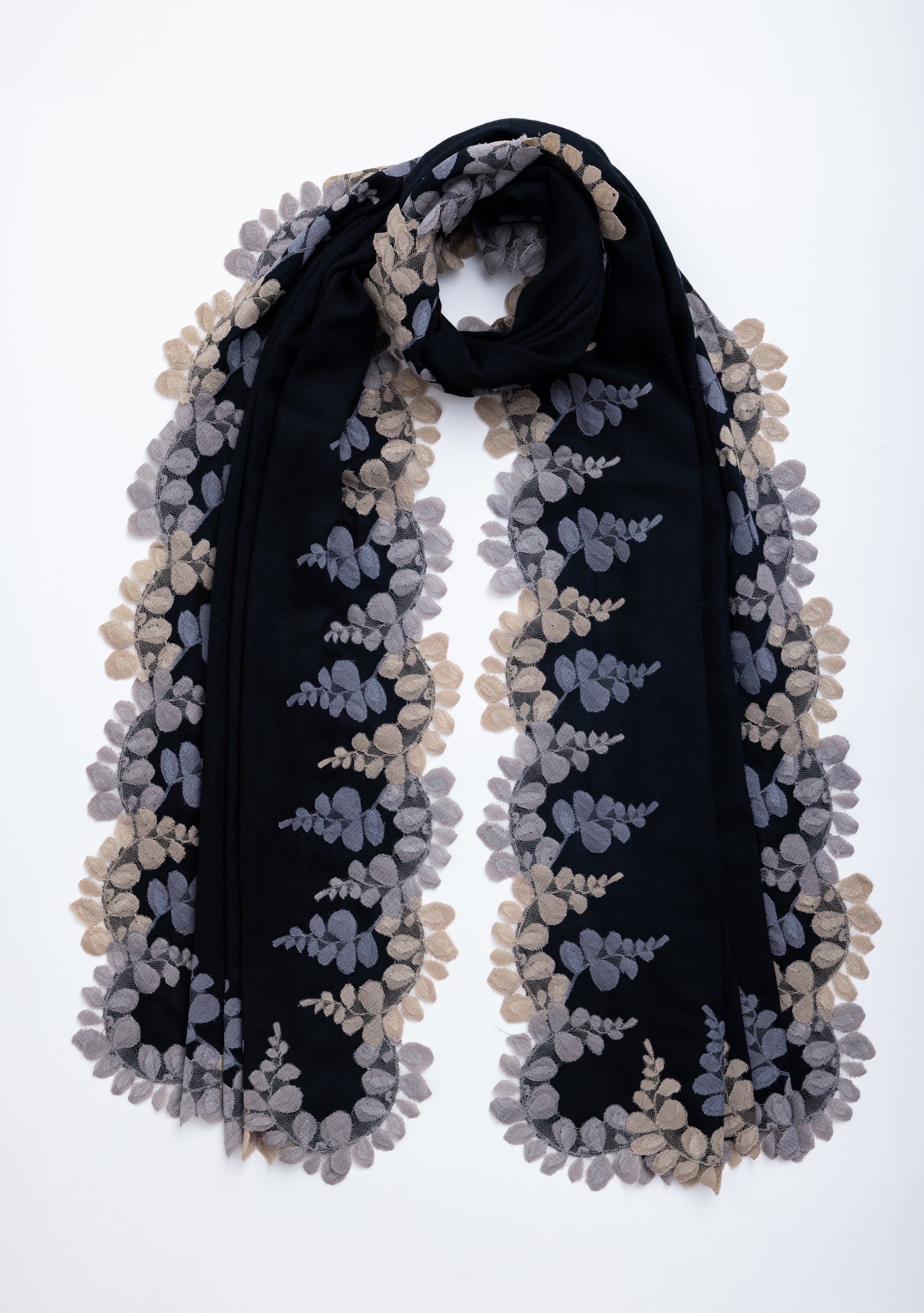 Black Wool and Silk Scarf with Mousse, Dk. Grey and Natural Triple Scalloped Lace Border