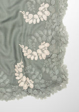 Sage Green Silk and Wool Scarf with a Sage Green and Beige Double Scalloped Lace Border