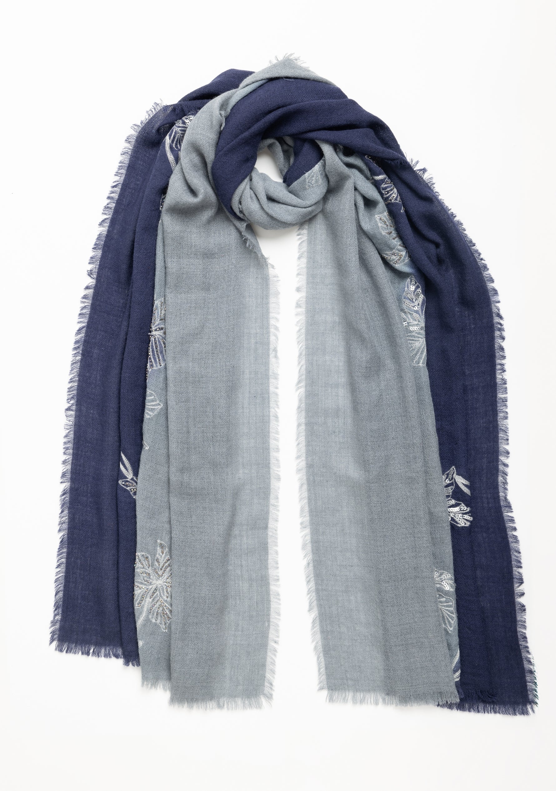 Navy Blue and Steel Grey Ombre Cashmere Scarf with a Silver Sequin and Metalic Leaf Embroidery