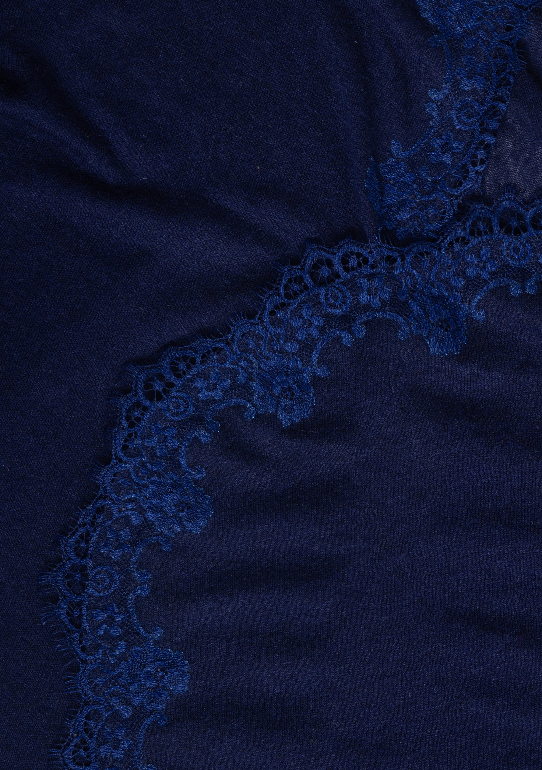 Navy Blue Knitted Merino Wool Cape with a Scalloped Navy Blue Filigree Lace Border