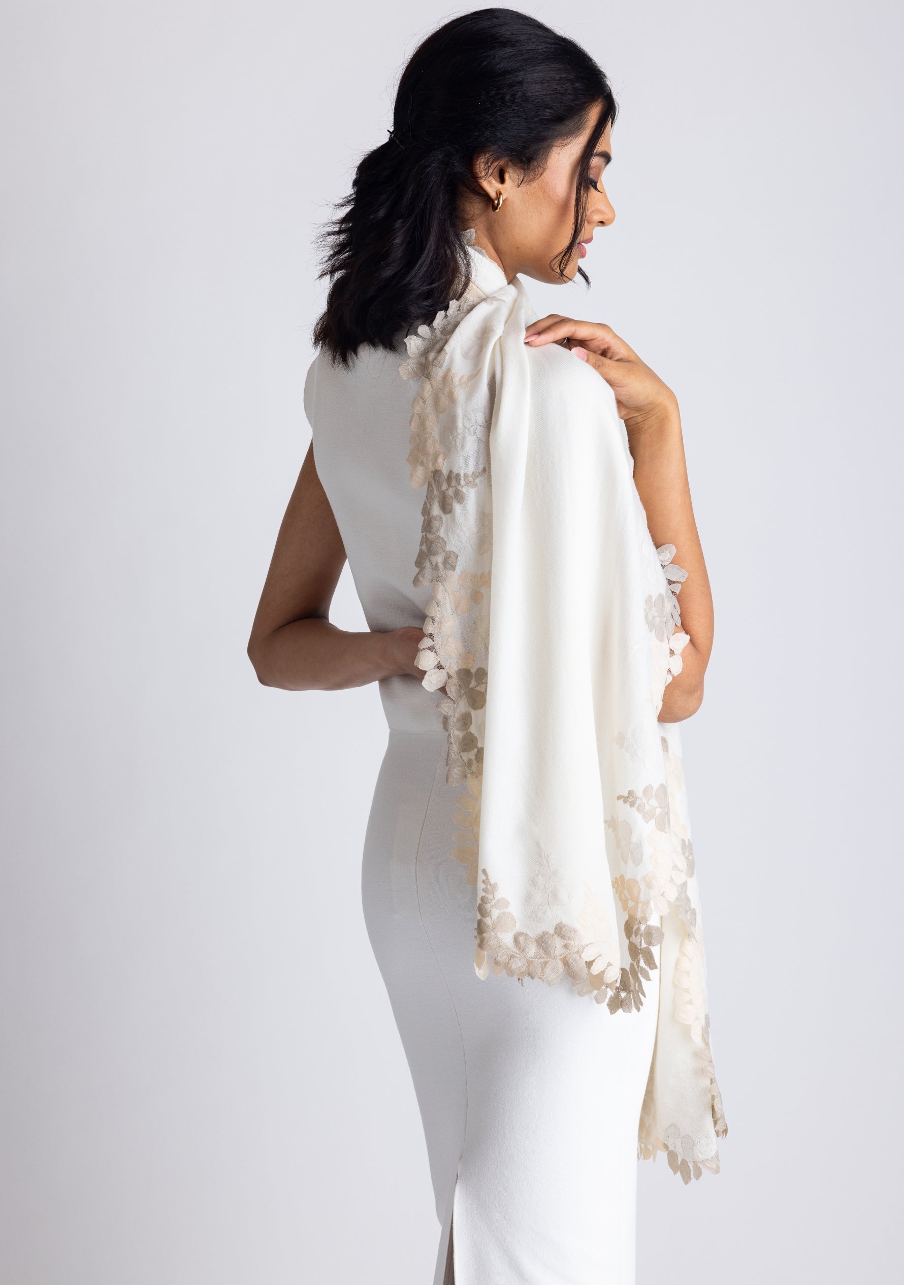 Ivory Wool and Silk Scarf with Beige, Natural and Alabaster Triple Scalloped Lace Border