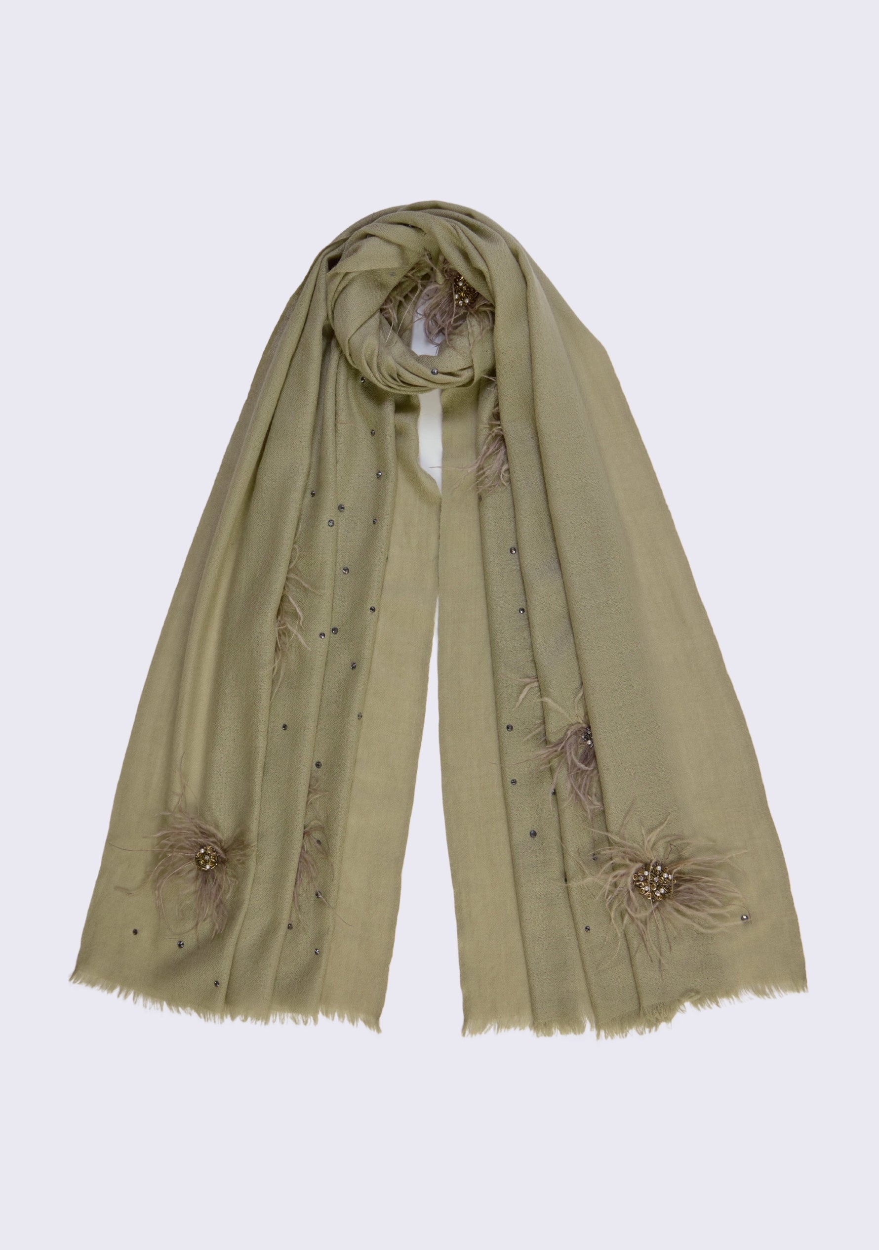 Khaki Cashmere Scarf Khaki Ostrich Feather Flowers with Metallic Beads & Swarovski Crystals
