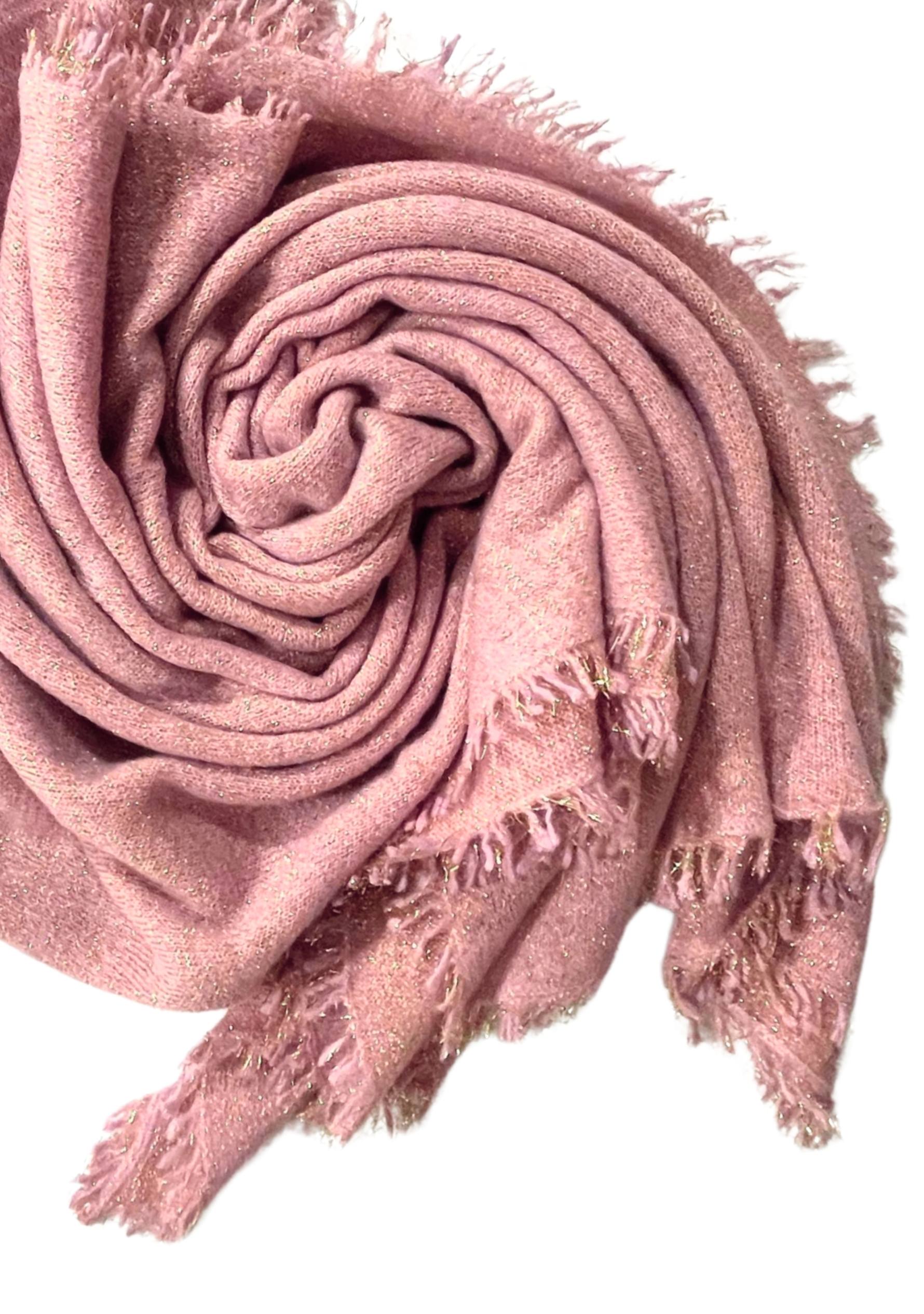 Rose Pink Knitted Fine Wool & Cashmere Wrap  Gold Lurex