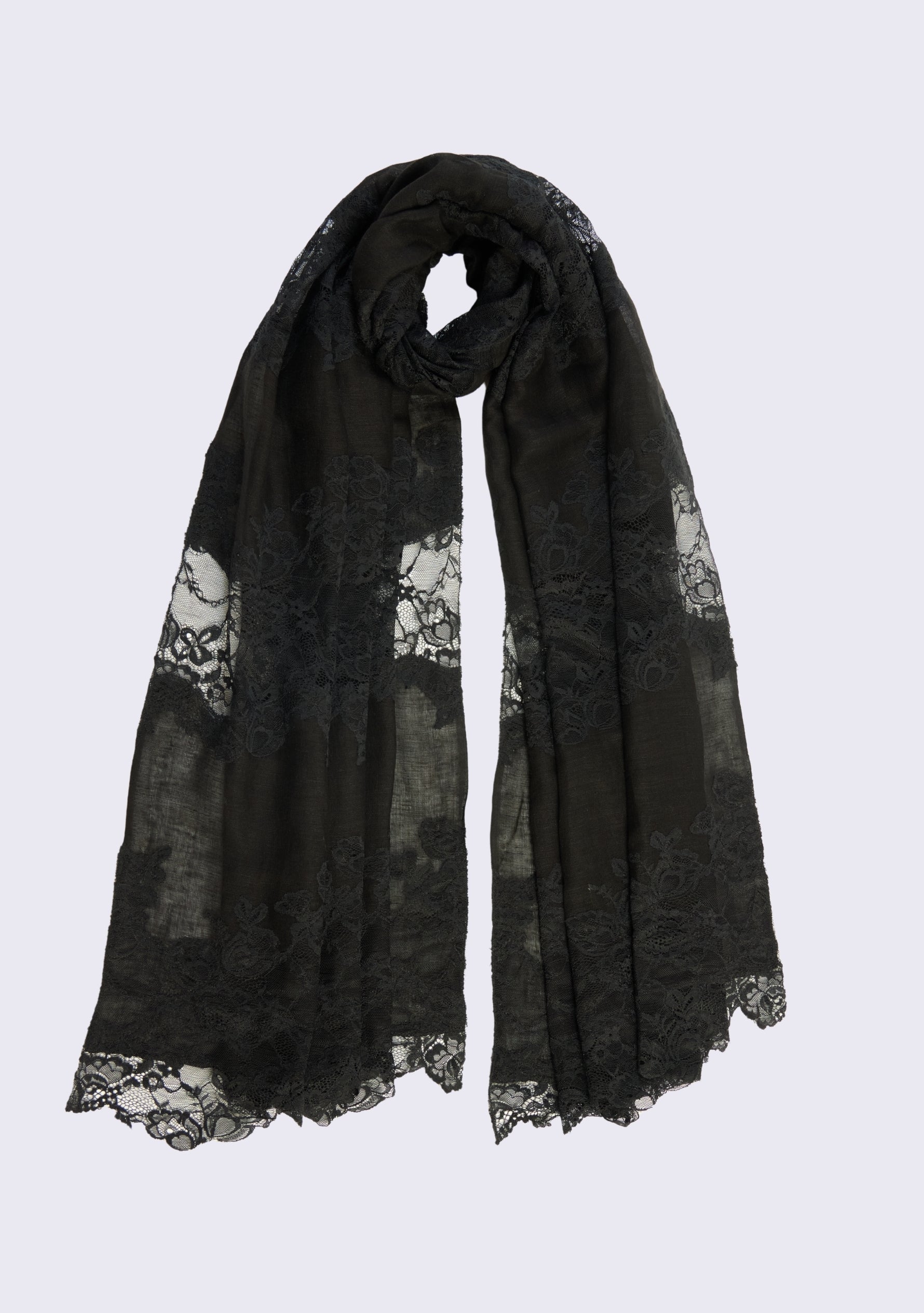 Black Linen & Modal Scarf  Black Lace Panels