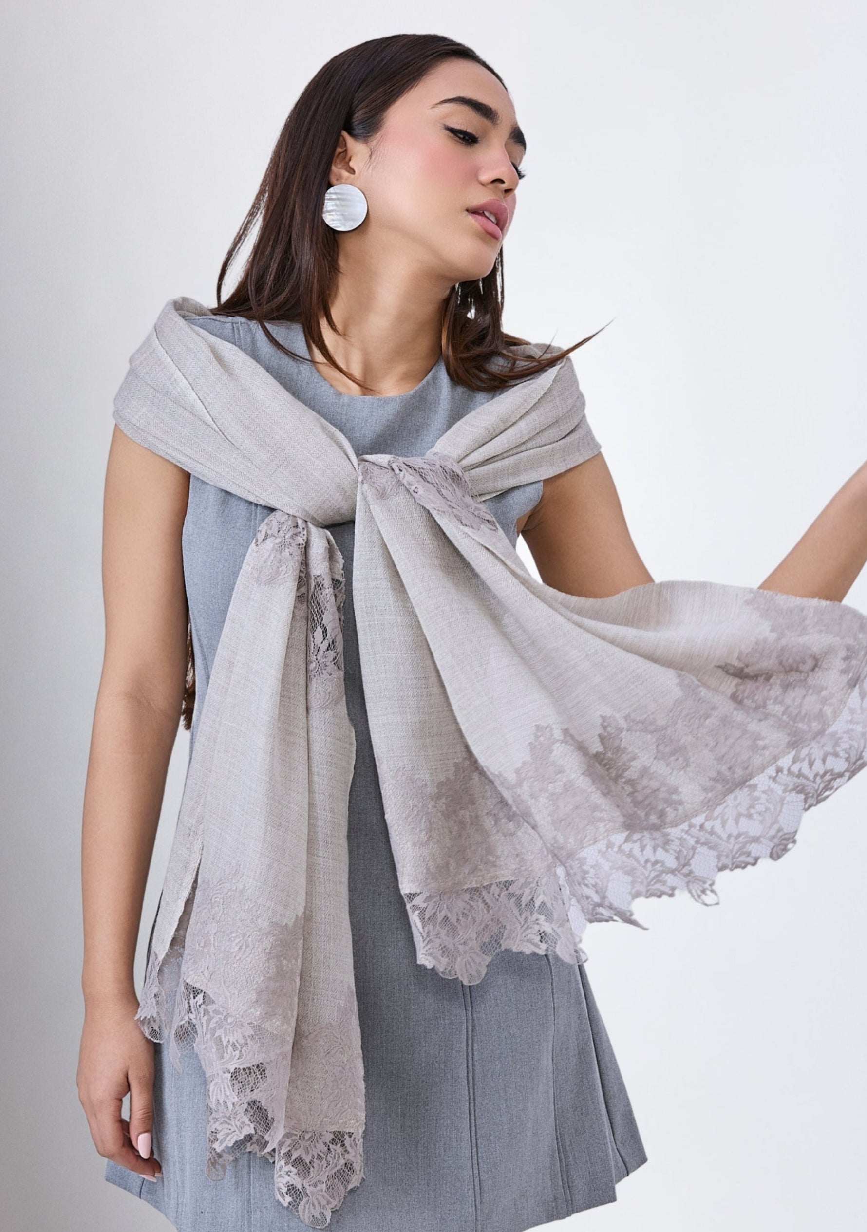 Taupe Melange Wool and Silk Scarf with Dk. Taupe Floral Lace Panels