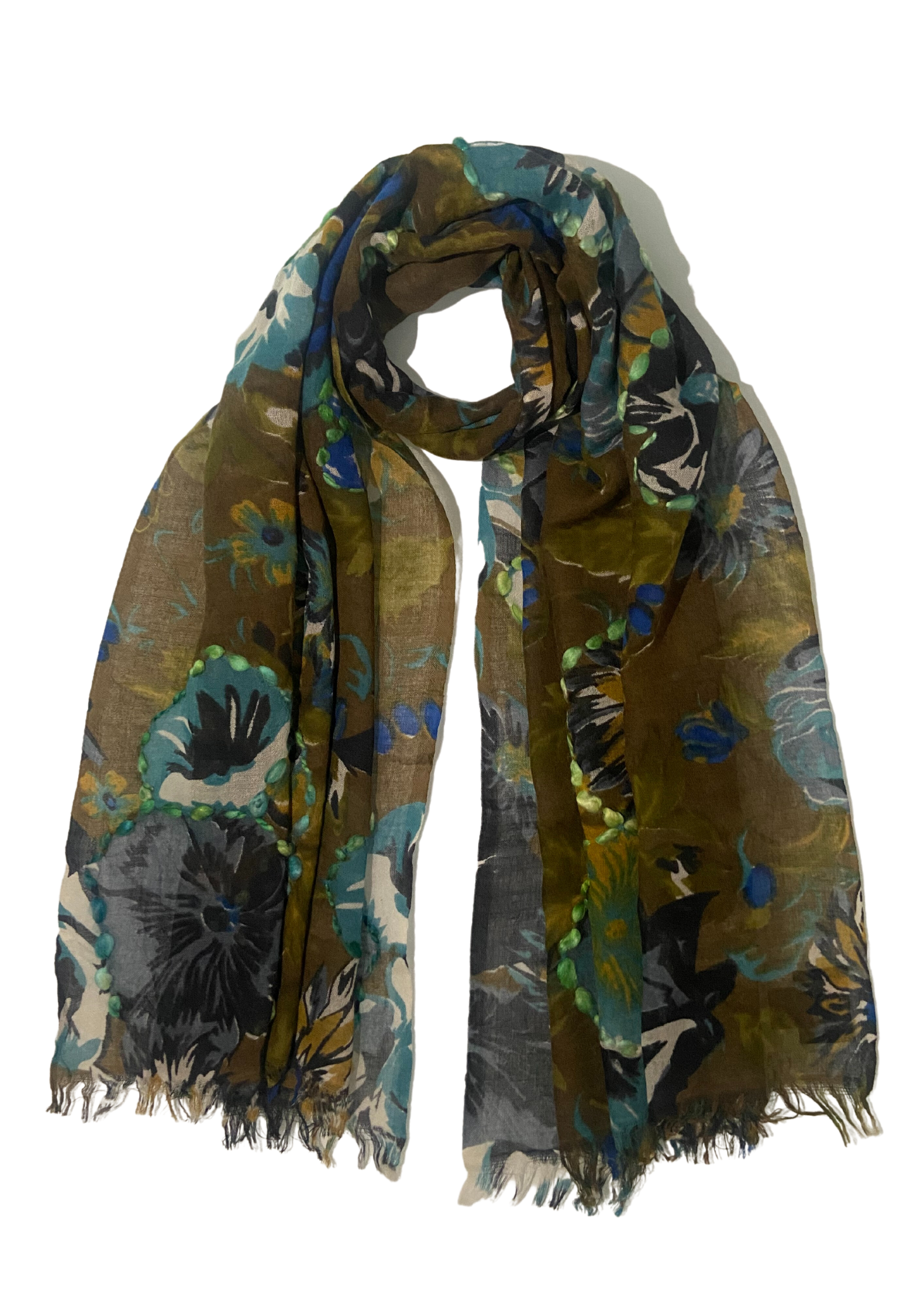 Khaki Wool Scarf with a Cluster Print and Multi-colored Embroidery