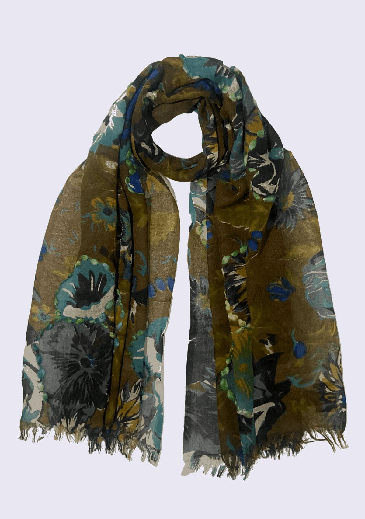 Khaki Wool Scarf 
Cluster Print & Multi-colored Embroidery