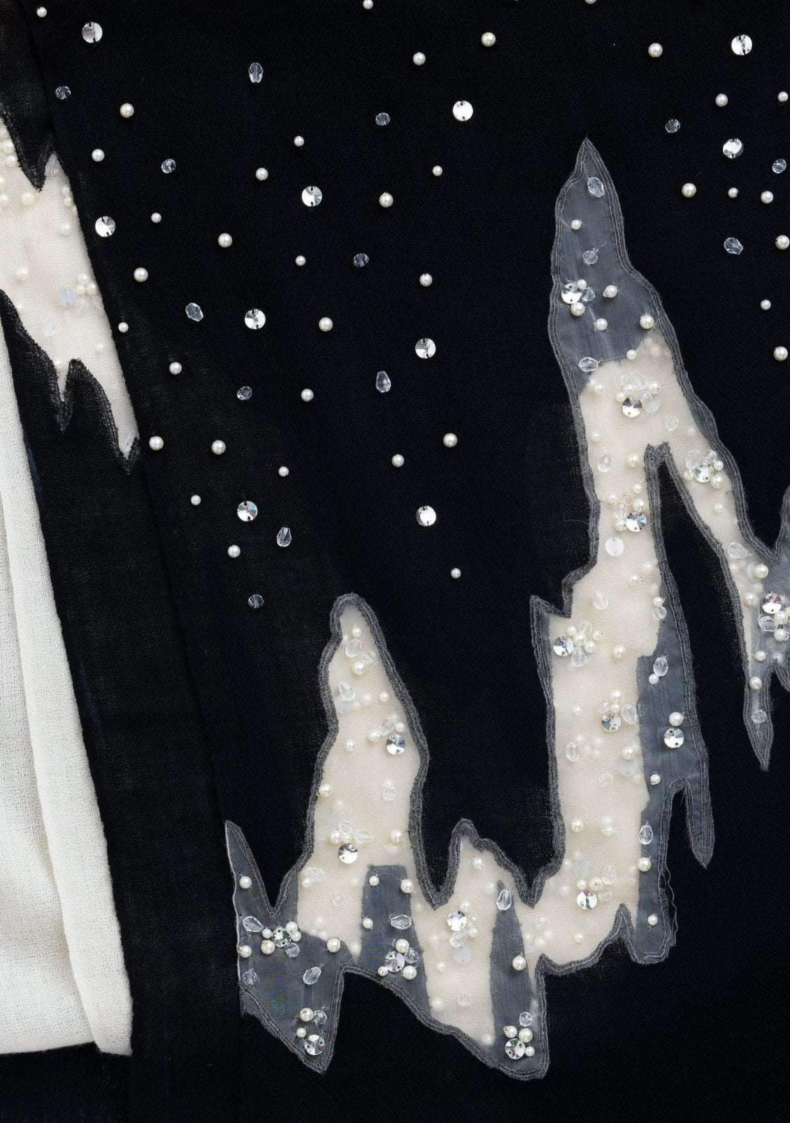 Black-Ivory Cashmere Scarf Silver Rhinestones & White Pearls